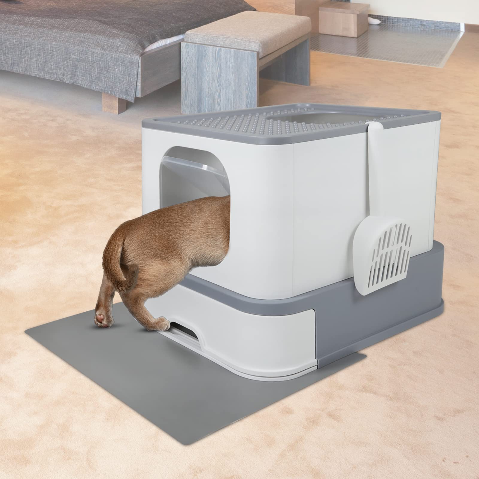 RIZZARI Foldable Cat Litter Box,Large Top Entry Anti-Splashing Litter Box with Lid,Enclosed Plastic Cat Litter Box with Handy Litter Scoop,Drawer Type Cat Toilet Easy Cleaning