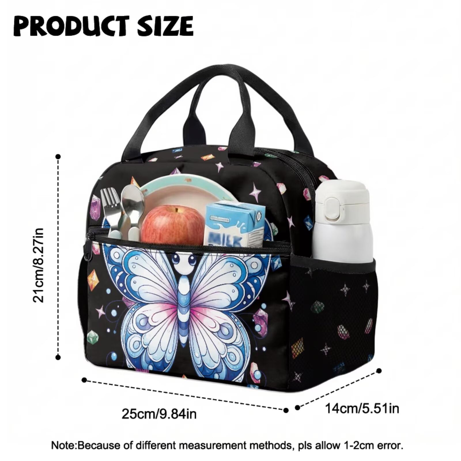 COEQINE Prek - Mochila para niñas con fiambrera, cierre fácil, bolsa de escuela primaria impresa con correas acolchadas, bolsa de pañales transpirable, Mariposa negra gema estrellada, M, Casual
