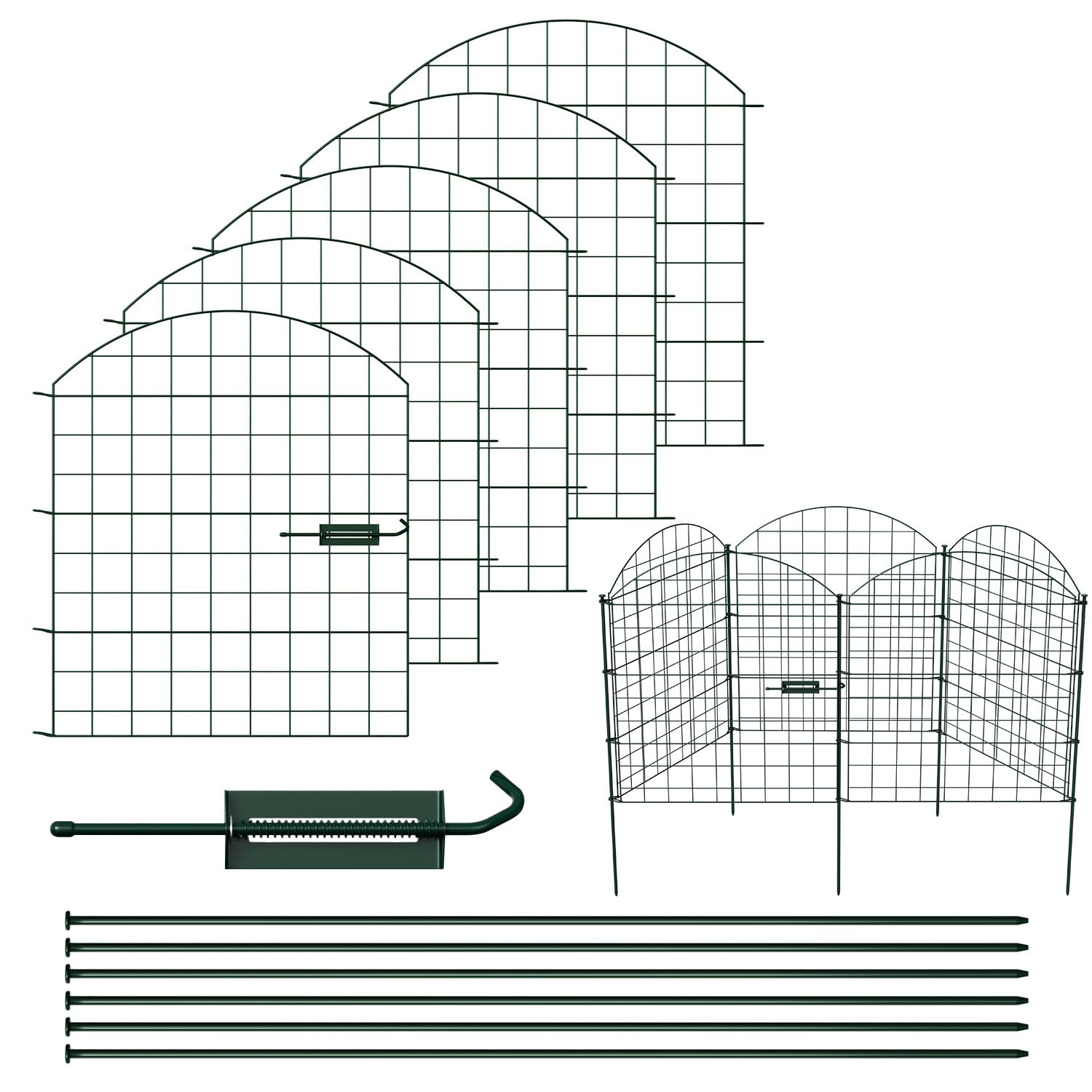 Gartenzaun Teichzaun Set, Steckzaun 11 Zaunelemente, Dekoration Gitterzaun mit Türschloss, Wetterfest Zaun für den Garten, 70CM * 78,5CM Hundezaun Metallzaun (Oberbogen, Grün)
