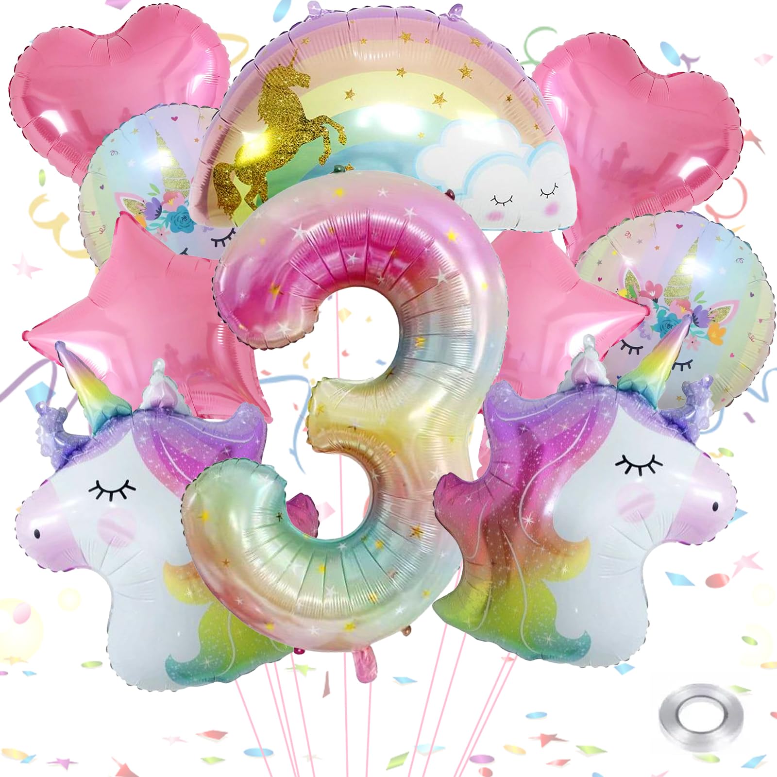 Einhorn Geburtstags-Luftballons Set – Mit Zahl 4, Regenbogen & Sternen, Folienballons