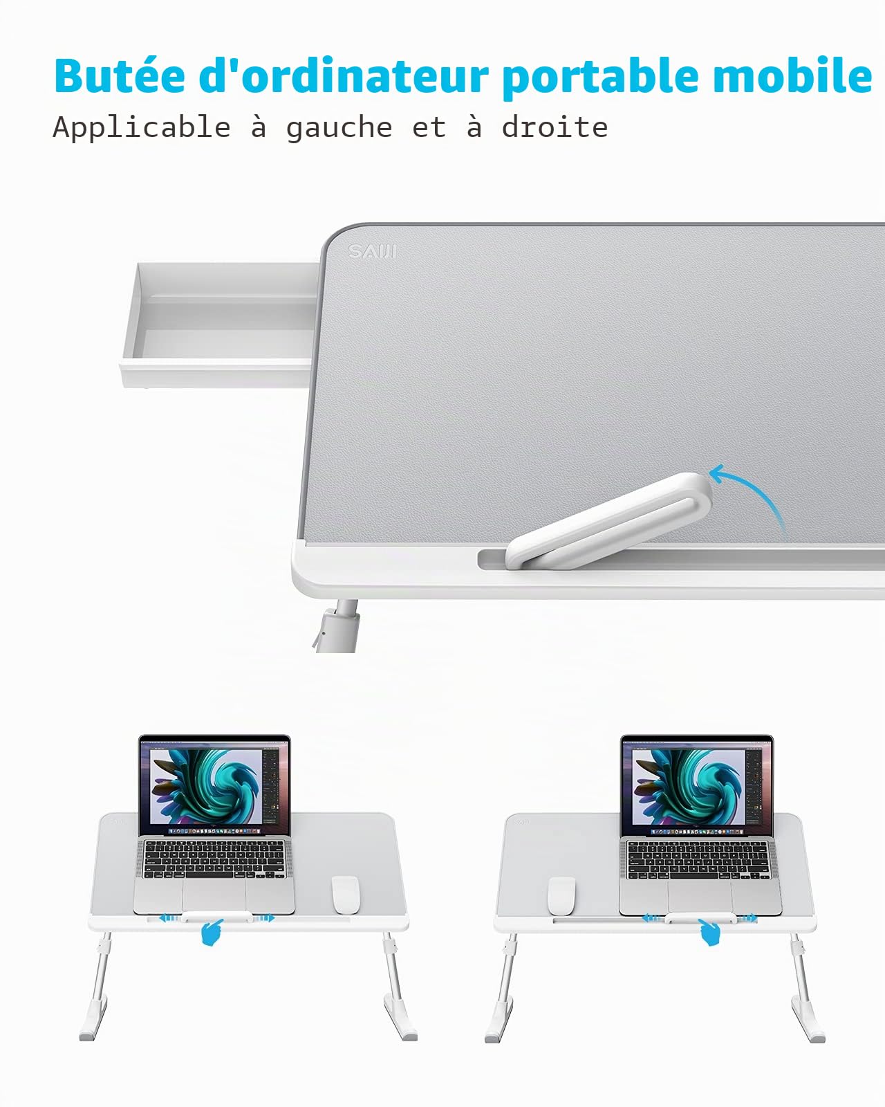 SAIJI Table de Lit Pliante Réglable en Cuir PVC avec Tiroir de Rangement et Déflecteur Silicone Amovible Gris
