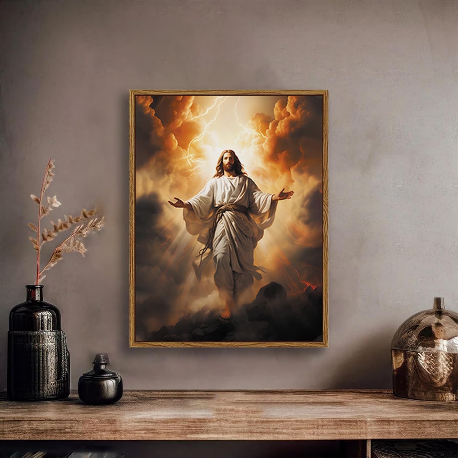 BingruiArt Jesus Canvas Wall Art Christian Wall Decor Jesus Christ Portrait Catholic Picture God Painting Print Divine Mercy Poster for Prayer Room Living Room Bedroom Church 16"x12" Natural Framed