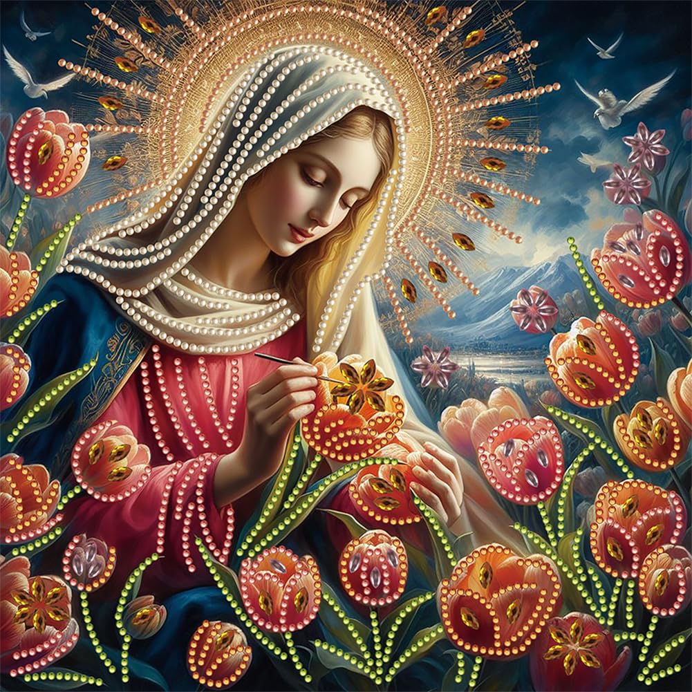 Fiorky Virgin Mary Diamond Art Painting Kits for Adults, 5D DIY fortial Special Shaped Drill Diamond Painting Kit The Virgin Mary with Diamonds Pictures Gem Art Painting Kits DIY Crafts Kits