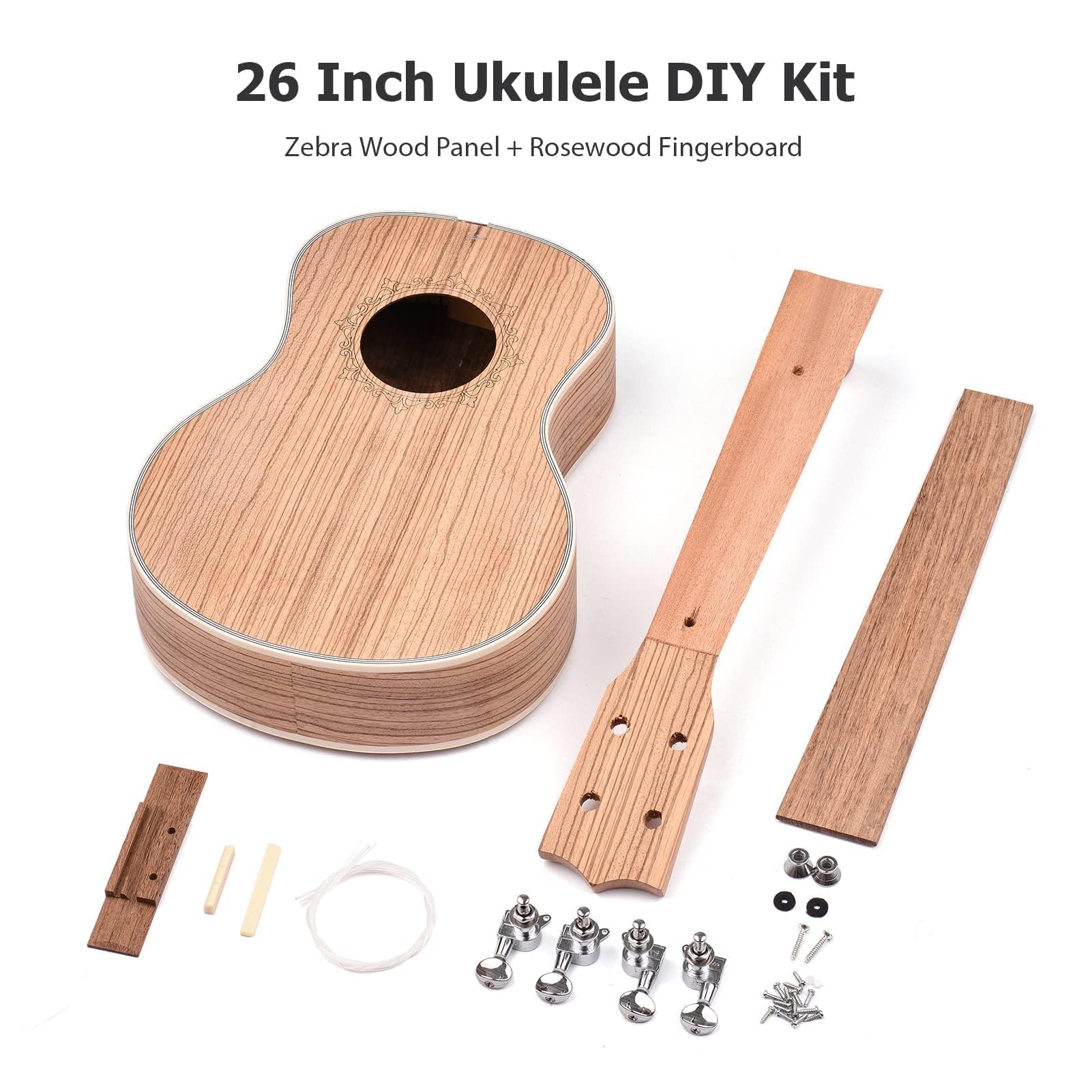 Kit de Bricolage de ukulélé en Bois Zèbre, Kit de Bricolage de ukulélé Ténor de 26 Pouces avec Panneau de Bois en Bois de Zèbre avec des Pèches