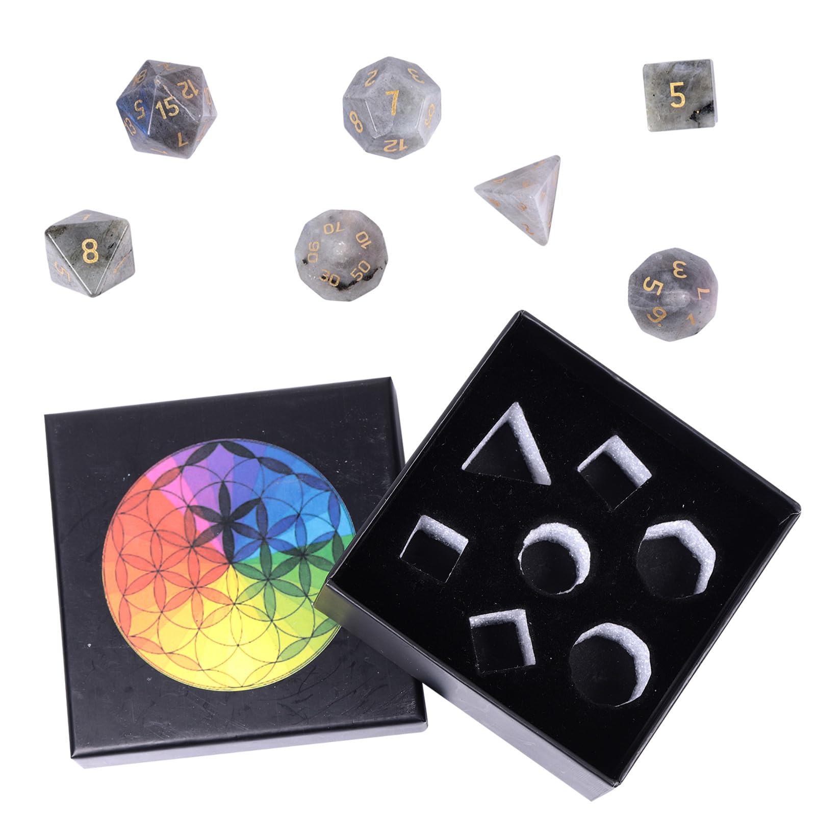 Nupuyai 7pcs Labradorite Crystal Polyhedral DND Dice Set for RPG MTG Table Games Polished Tumbled Stones Dices with Box for Home Decor - Image 3