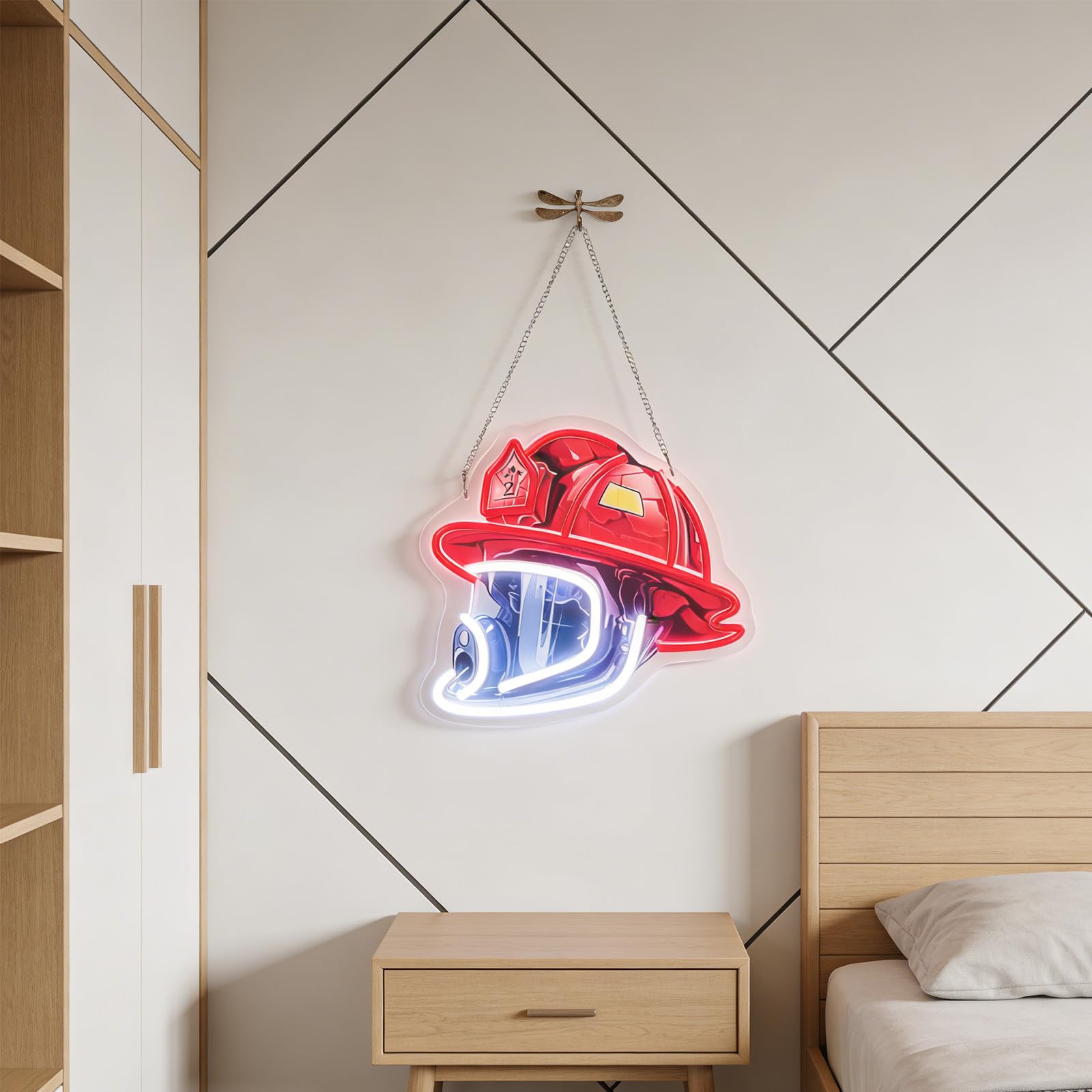 KICHOUSE Neonowa lampa LED z hełmem strażaka - dekoracja ścienna z podświetlanym hełmem strażaka - ściemnialna lampka nocna do baru, garażu, sypialni i remizy strażackiej