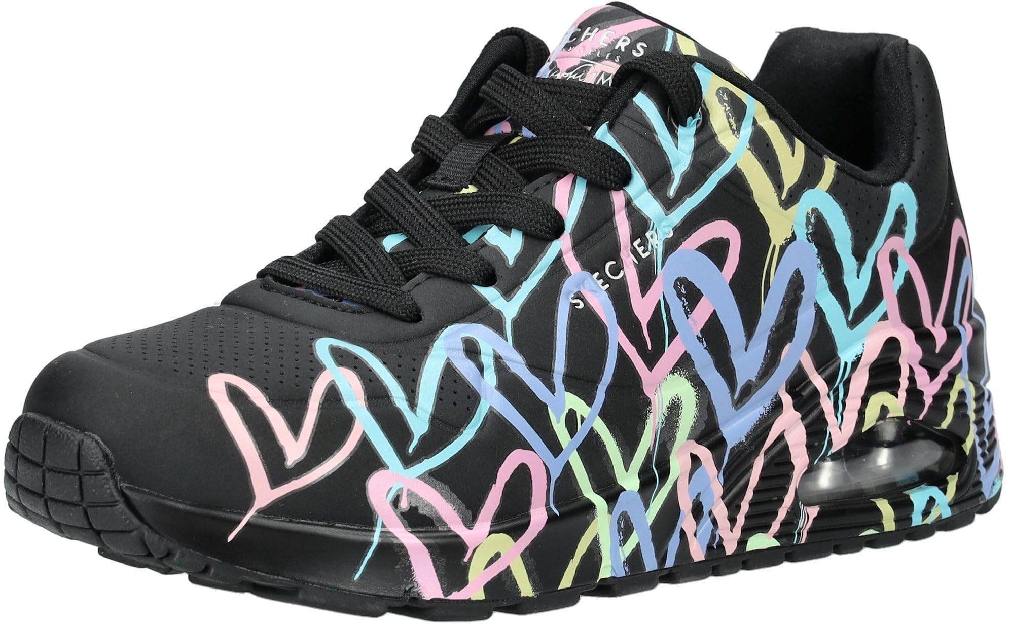 Skechers UNO Spread The Love Damen-Sneaker, Schwarz, Lila, Türkis, Durabuck, schwarzes Netzgewebe, 37.5 EU