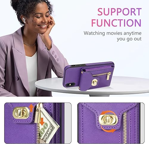 Miniatura 4 de Asuwish Funda de teléfono para iPhone XR 6.1 con tarjetero para tarjeta de crédito, ranura con cremallera, correa cruzada, soporte de cuero para