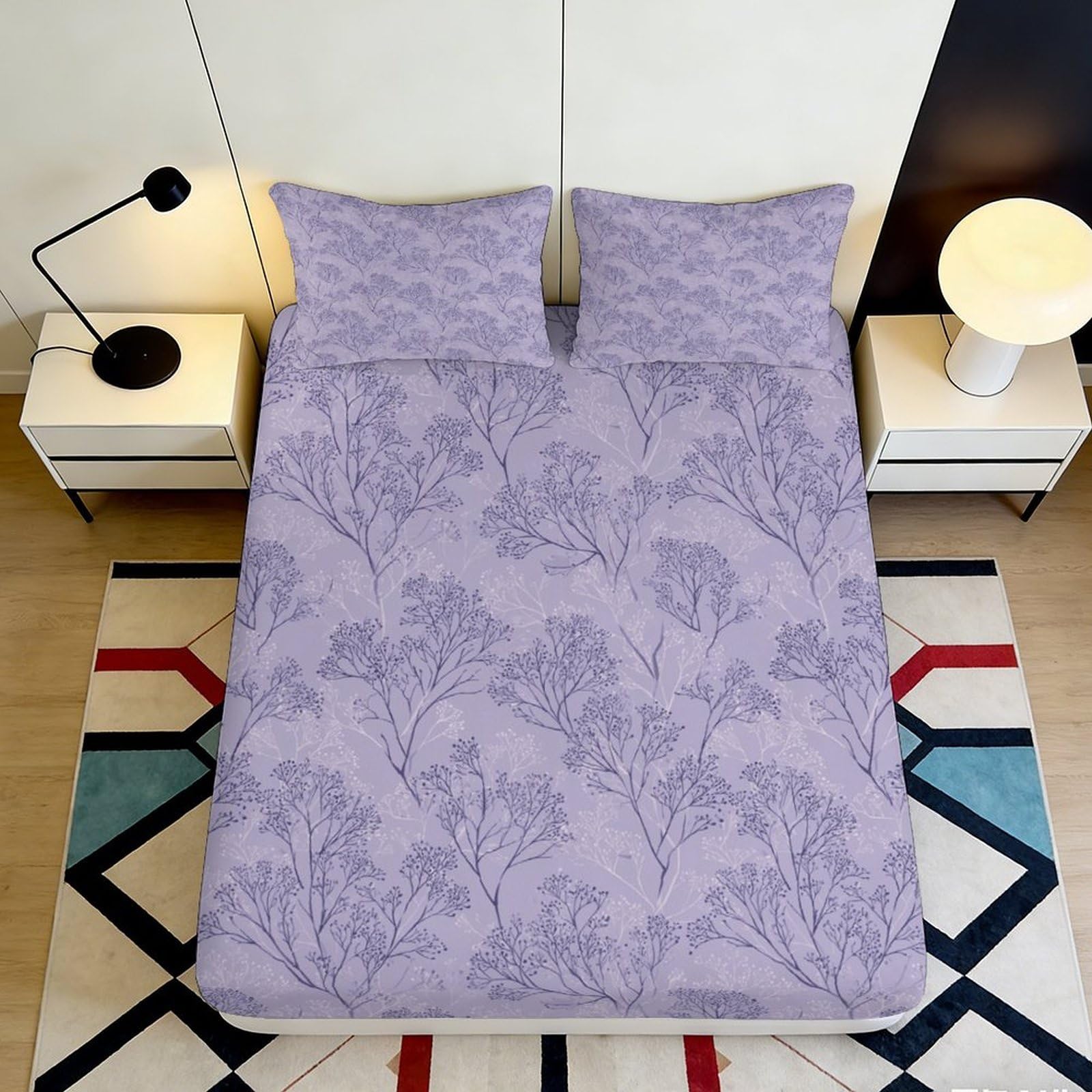 3D Printed Lavender Floral Fitted Sheet Microfiber Soft Non-Slip Botanical Bed Cover for Bedroom Guest Room Mattress Protection 90x200x25cm