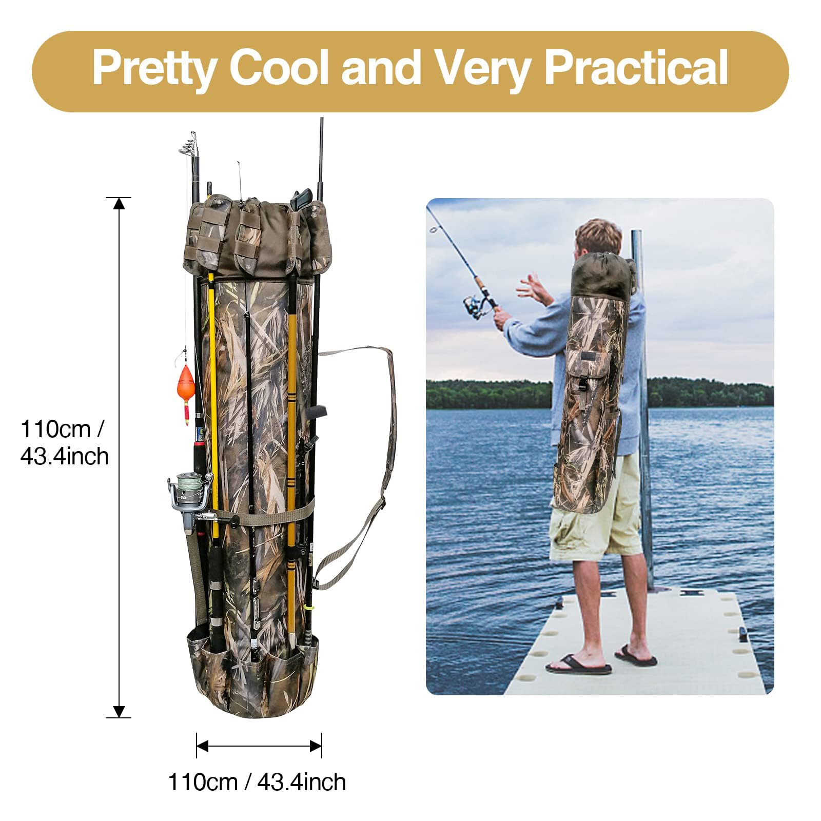 DONQL Sacs de canne à pêche d'extérieur multifonction en toile portable pour le camping, sac à dos de rangement pour canne à pêche, étui de rangement pour canne à pêche, 5 bâtons et accessoires de