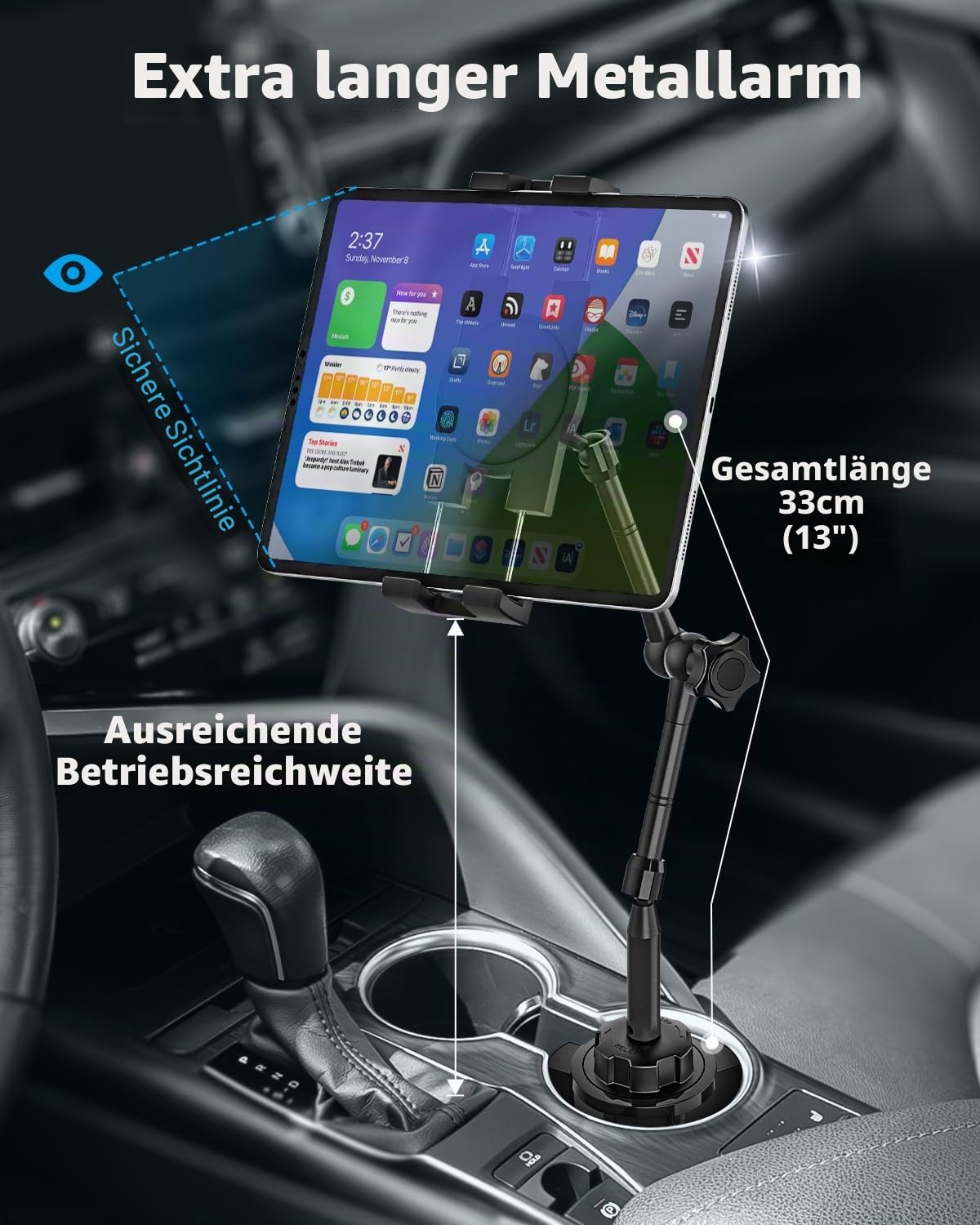 Auto Tablet Halterung Getränkehalter mit 360° Verstellbarer Langer Arm | Metall iPad Halter KFZ LKW Becherhalter Tablethalterung mit Aluminiumarm für Tablets, Handys, iPad, Galaxy Tab, iPhones