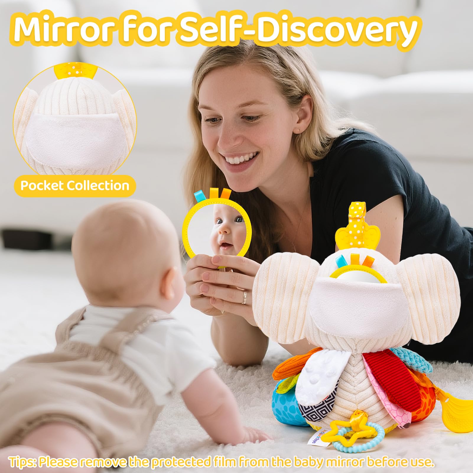 Baby Toys 3-6 Months, Musical Stuffed Elephant Toddler Toy for Newborn Infant 3 6 9 12 Months, Tummy Time Toys Montessori Sensory Toys 0-6 6-12 Months, Crinkle Paper, Mirror Soothing Music Shower Gift