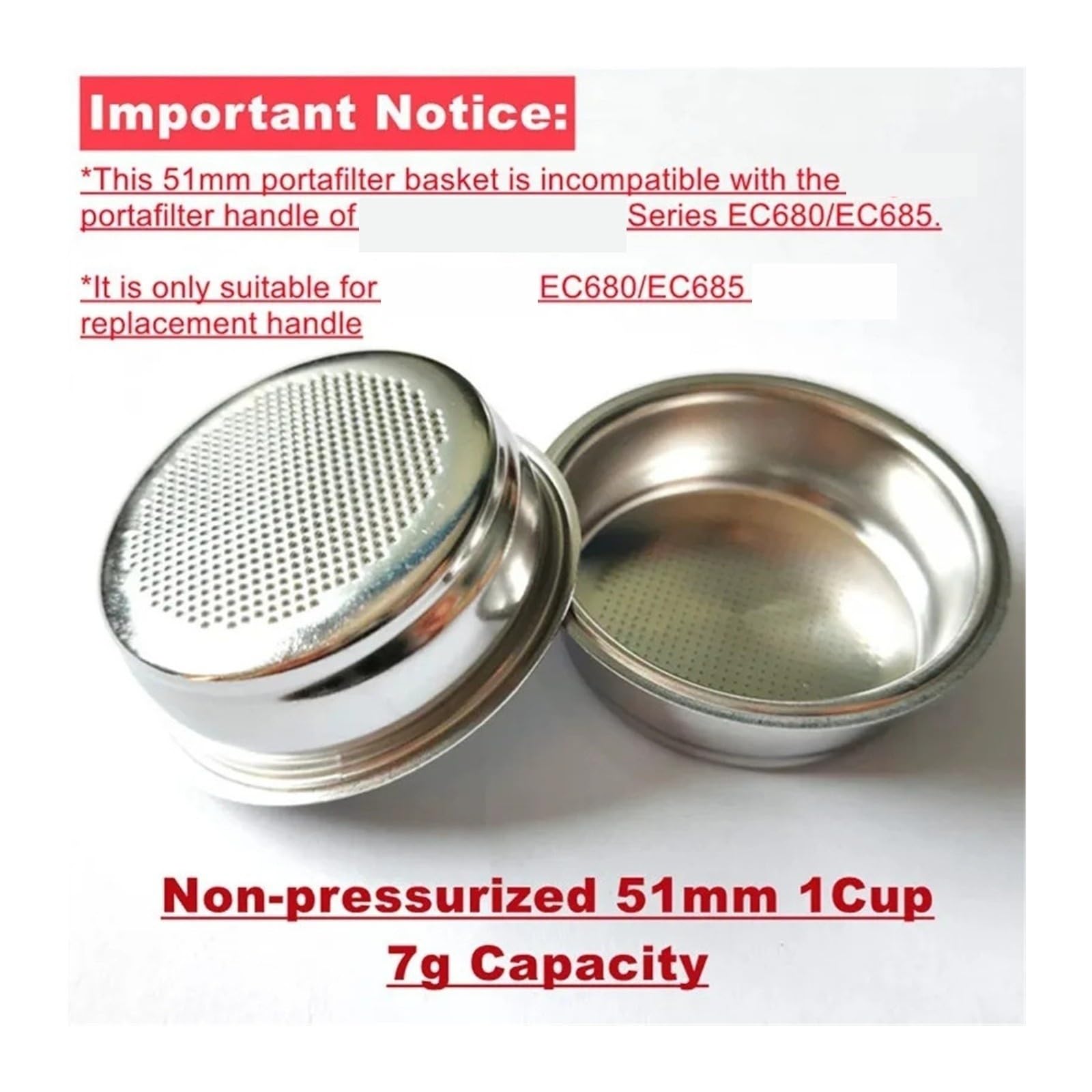 Porte-filtre sans fond de 51 mm, compatible avec Delonghi, EC680 EC685