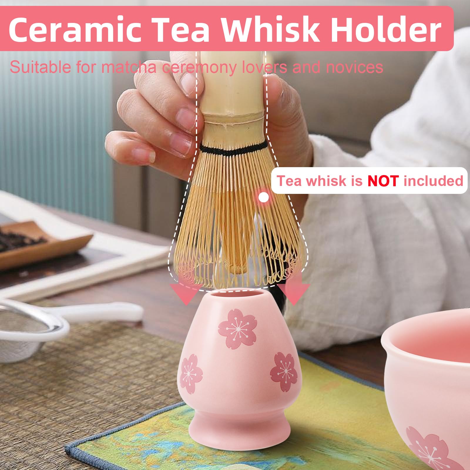 Zestaw 2 szt. herbaty matcha z uchwytem na miotłę matcha, ceramiczna miska do matchy, Chawan z nalewaniem, japońska miska do matchy bez proszku, dla miłośników herbaty Matcha, kolor różowy