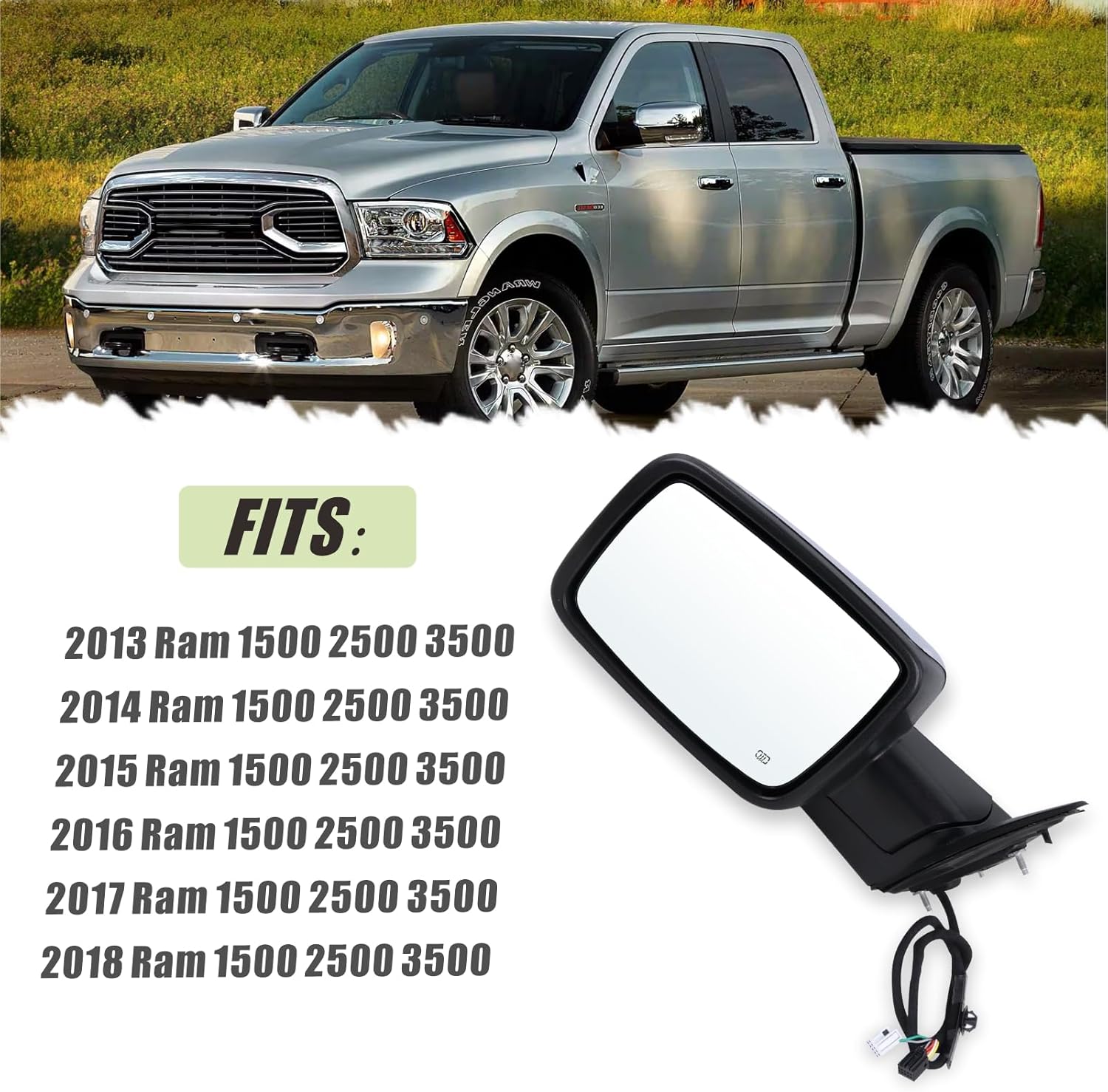 Left Driver Side Mirror Compatible With 2013-2018 Ram 1500 2500 3500 With Power Folding Power Glass Heated Temperature Sensors Turn Signal Puddle Lights Chrome Replace#68096197AF(10+2Pins)