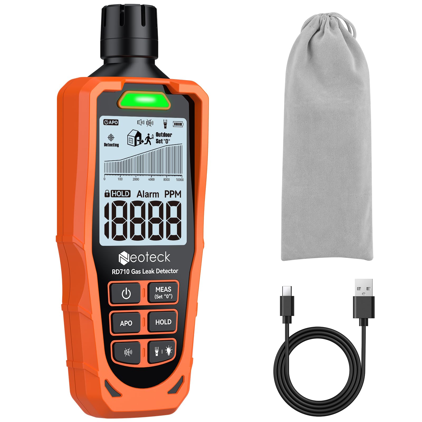 Rilevatore Di Fughe Di Gas Neoteck Portatile – Metano E GPL Fino A 10.000 Ppm, Display LCD 2,9″, Allarme Acustico E Luminoso, Torcia LED, Batteria USB-C