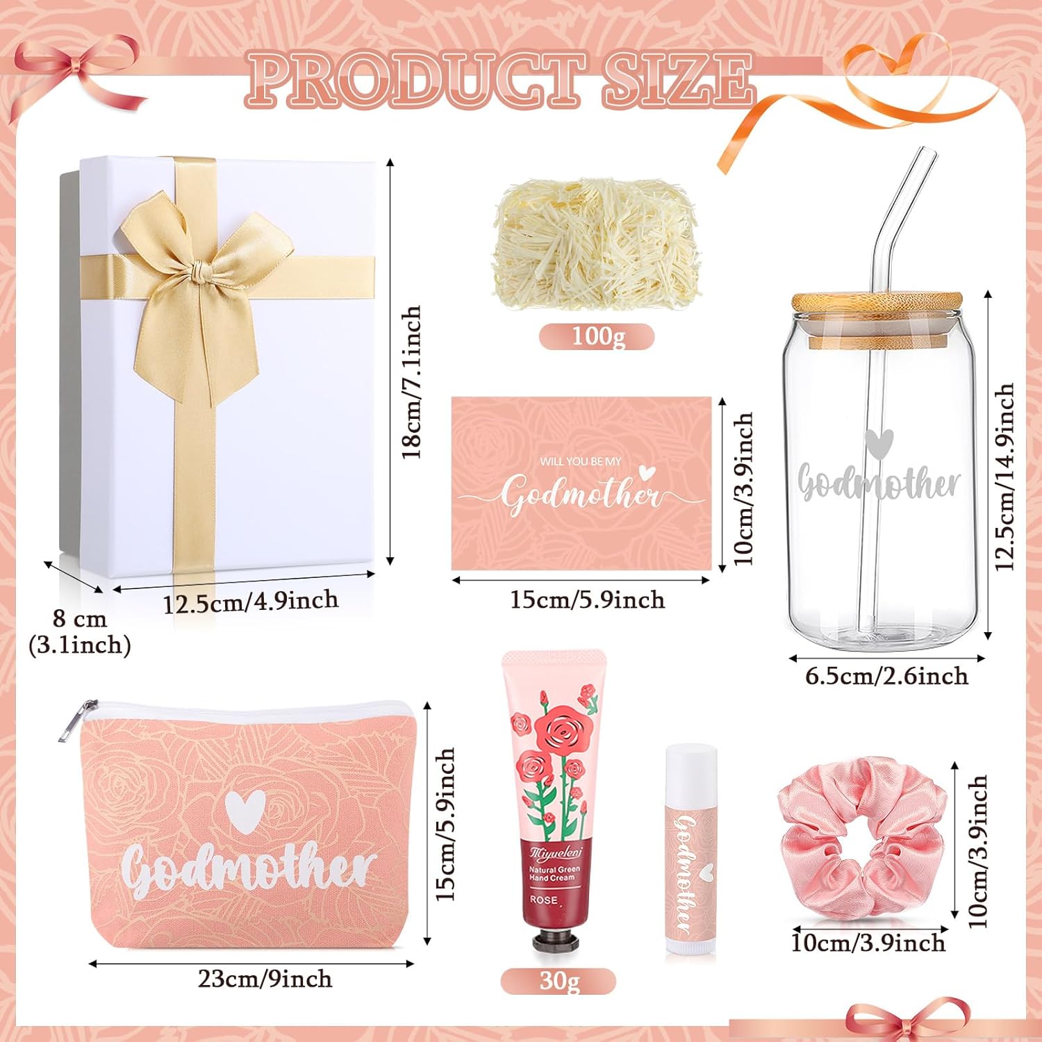 8 Pcs Godmother Proposal Gift Set Will You Be My Godmother Glass Cup Lipstick Hand Cream Hair Tie Baptism Gift Box from Godchild for God Mother Auntie(Pink) - Image 2