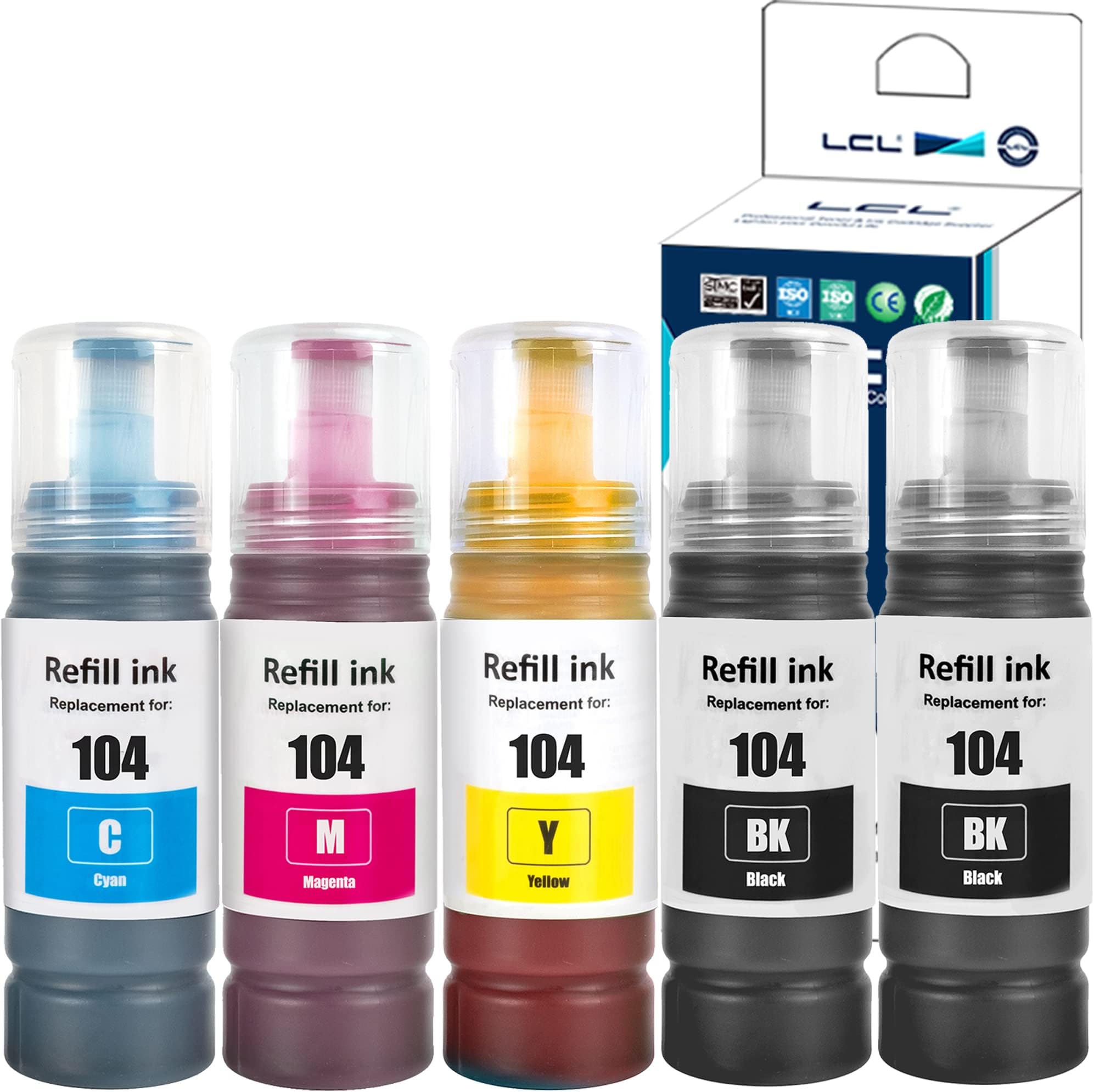 Confezione Da 5 Cartucce Inchiostro Compatibili E-104 Per Epson EcoTank – 2 Nero + Ciano + Magenta + Giallo, Alta Resa Fino A 7500 Pagine