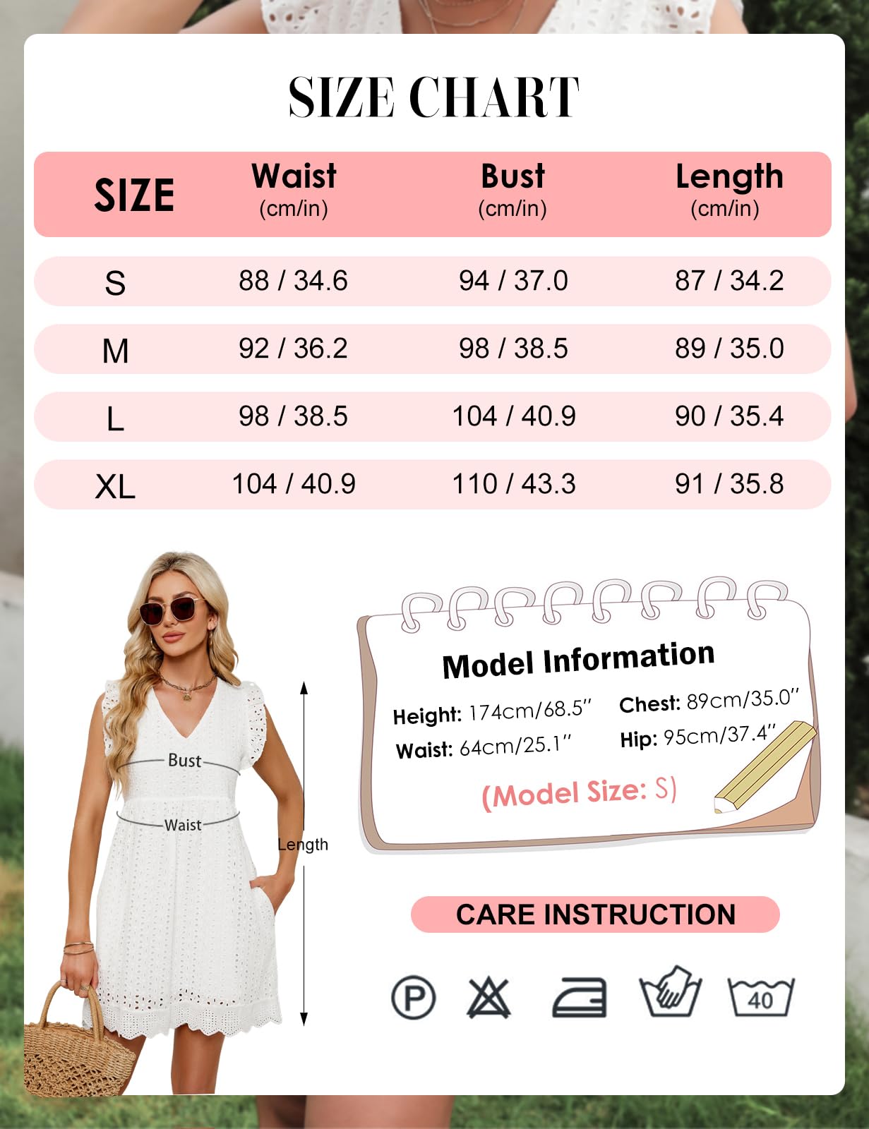 Vestidos Verano Mujer Cortos Vestido Algodón Sin Mangas Cuello en V Sueltos Mini Vestidos Hueco de Flores Jacquard Casuales Manga Mosca Vestido de Playa con Bolsillos