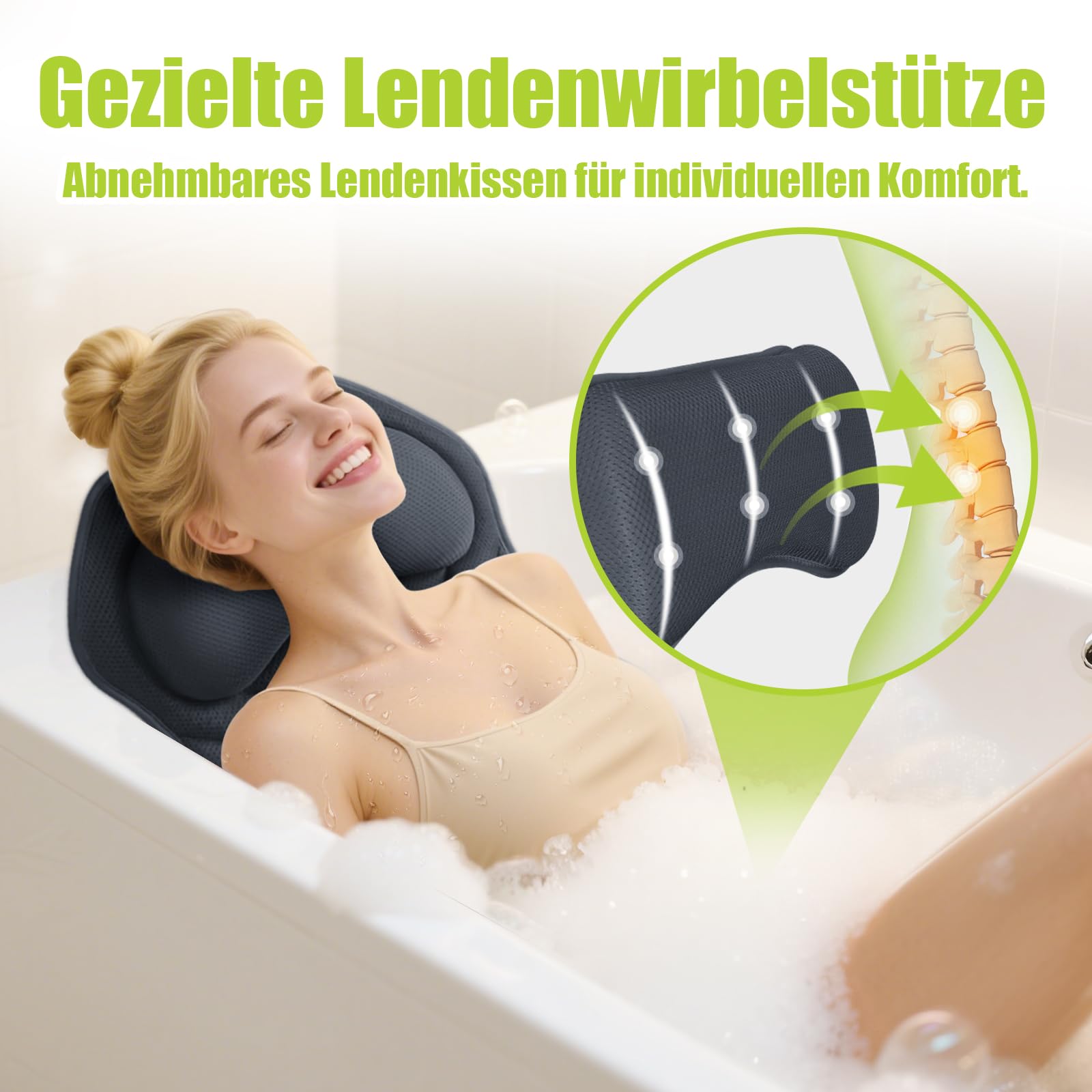 Poemland Vollkörper Badekissens für Badewanne - Luxuriöses Badewannenkissen für Rücken, Kopf und Nacken, Schnell-Trocknendes Badkissen