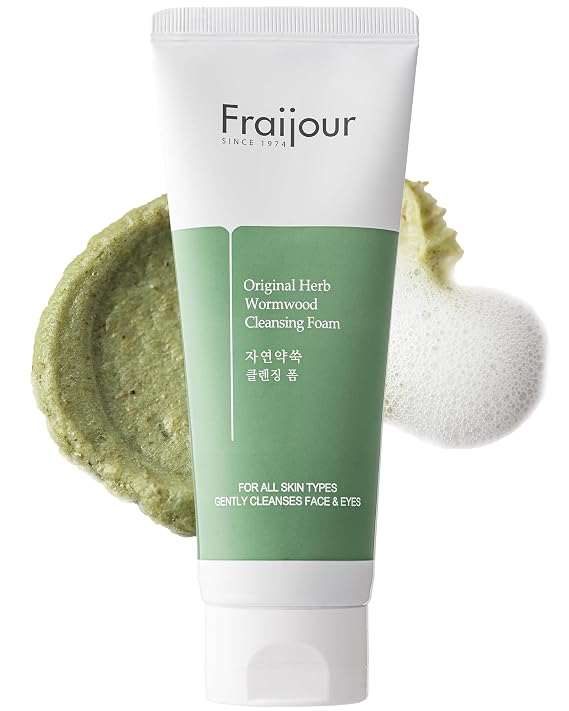 Fraijour Herb Wormwood Cleansing Foam Korean Micro-Foam Face Wash, Deep Pore Cleanser for Dull, Oily & Acne-Prone Skin, Papaya & Witch Hazel, Gentle Exfoliation, Non-Stripping, 5.07 fl.oz.