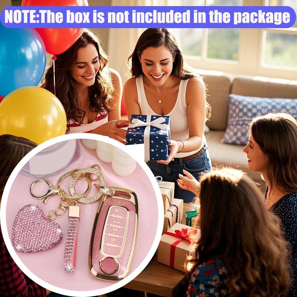 Key Fob Cover with Diamond Keychain Compatible with Nissan Car Key Holder Compatible with Nissan Rogue Pathfinder (2023 2024 2025) Sentra (2024 2025) for Women, 5 Buttons (Pink-Heart)