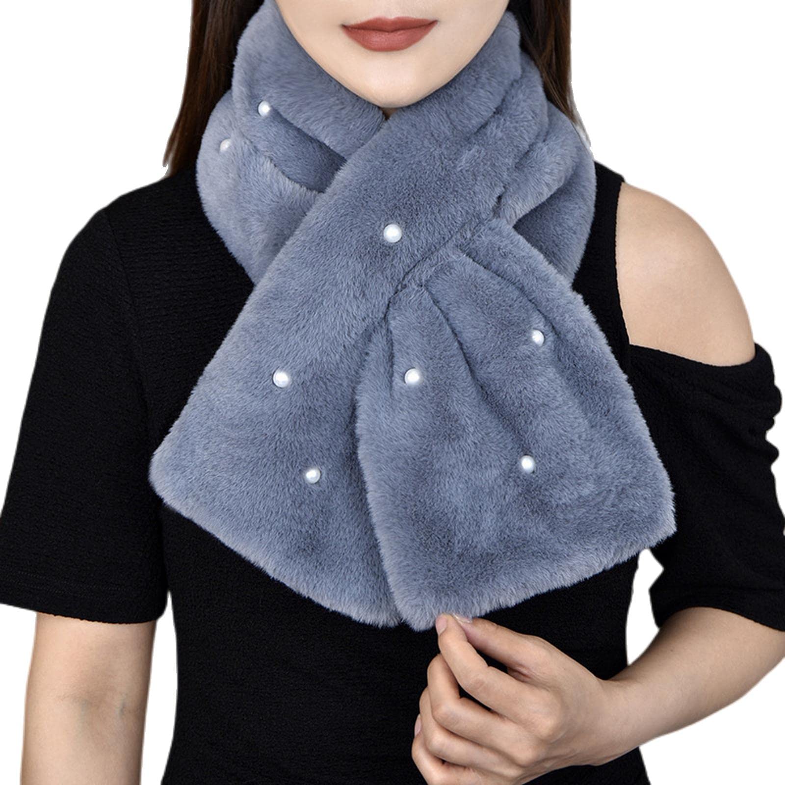 MOGSA Foulard double face en fausse fourrure de lapin épaisse pour femme Hiver Coupe-vent Croix Tour de cou Écharpe chaude
