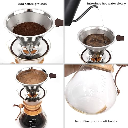 Miniatura 4 de Gotero de acero inoxidable para verter sobre café, filtros de café reutilizables sin papel con malla de doble capa, soporte para tazas y cepillo de