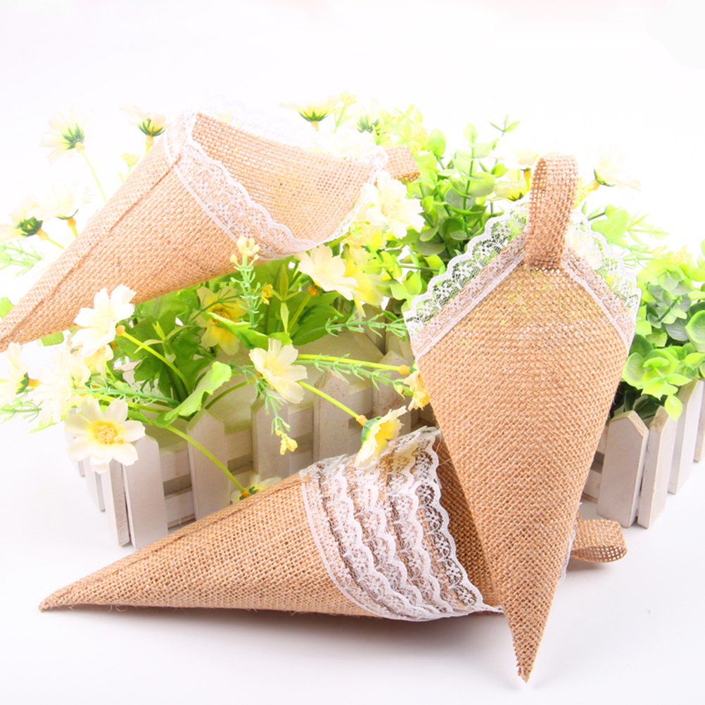 TOYMYTOY Burlap Jute Hessian Pew Cone Flower Holder Organizer Church Aisle Decorations for Wedding Party 10PCS,11.5 x 23 cm - Image 3