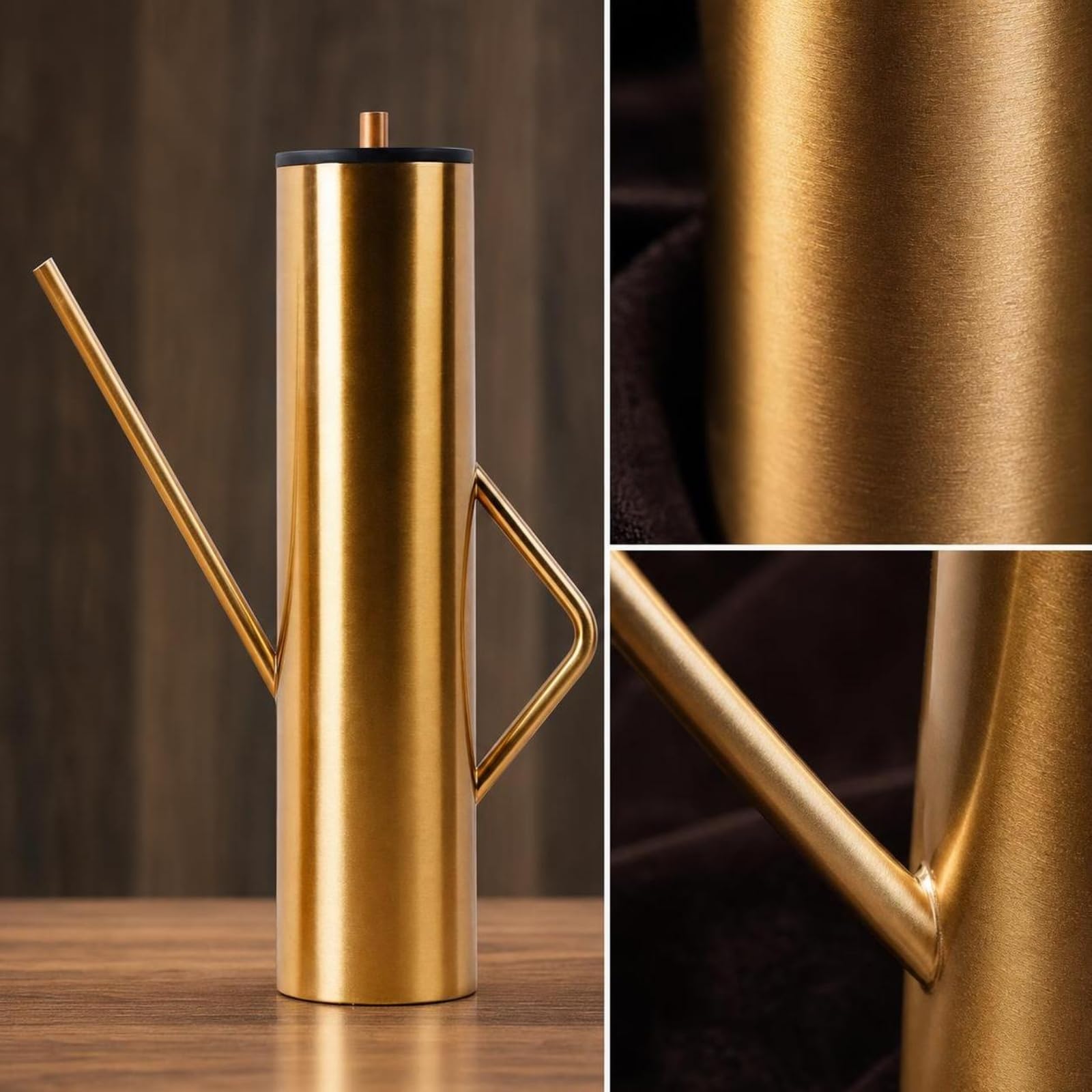 Baoblaze Jarrón Geométrico Decorativo Escultura Moderna Tetera Cuerpo Cilíndrico Metal Dorado Tapa Madera Asa Geométrica Larga Adecuado para Estanterías