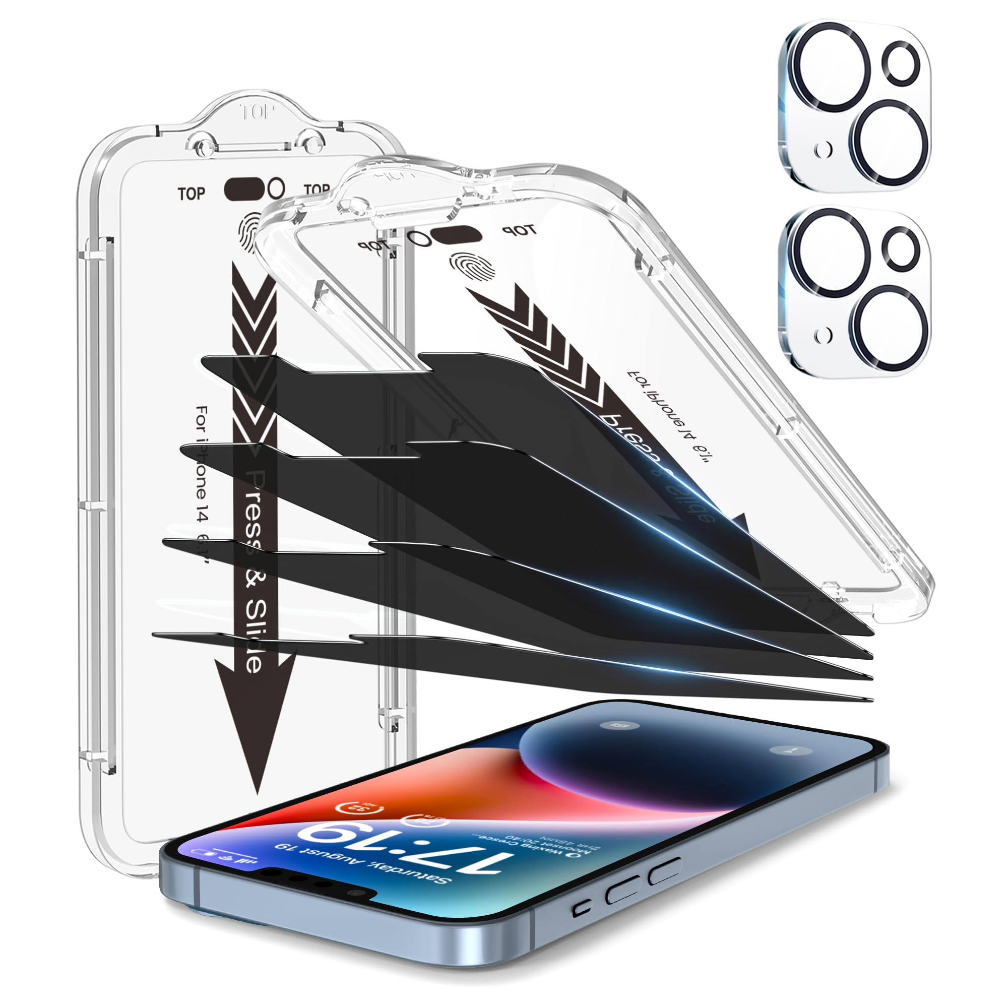 EZ-GLAZ- 4 Pack for iPhone 14 Privacy Screen Protector[6.1"] With 2 Pack Camera Lens Protector, [Drop Protection] 9H Hardness Full Coverage Anti-Spy