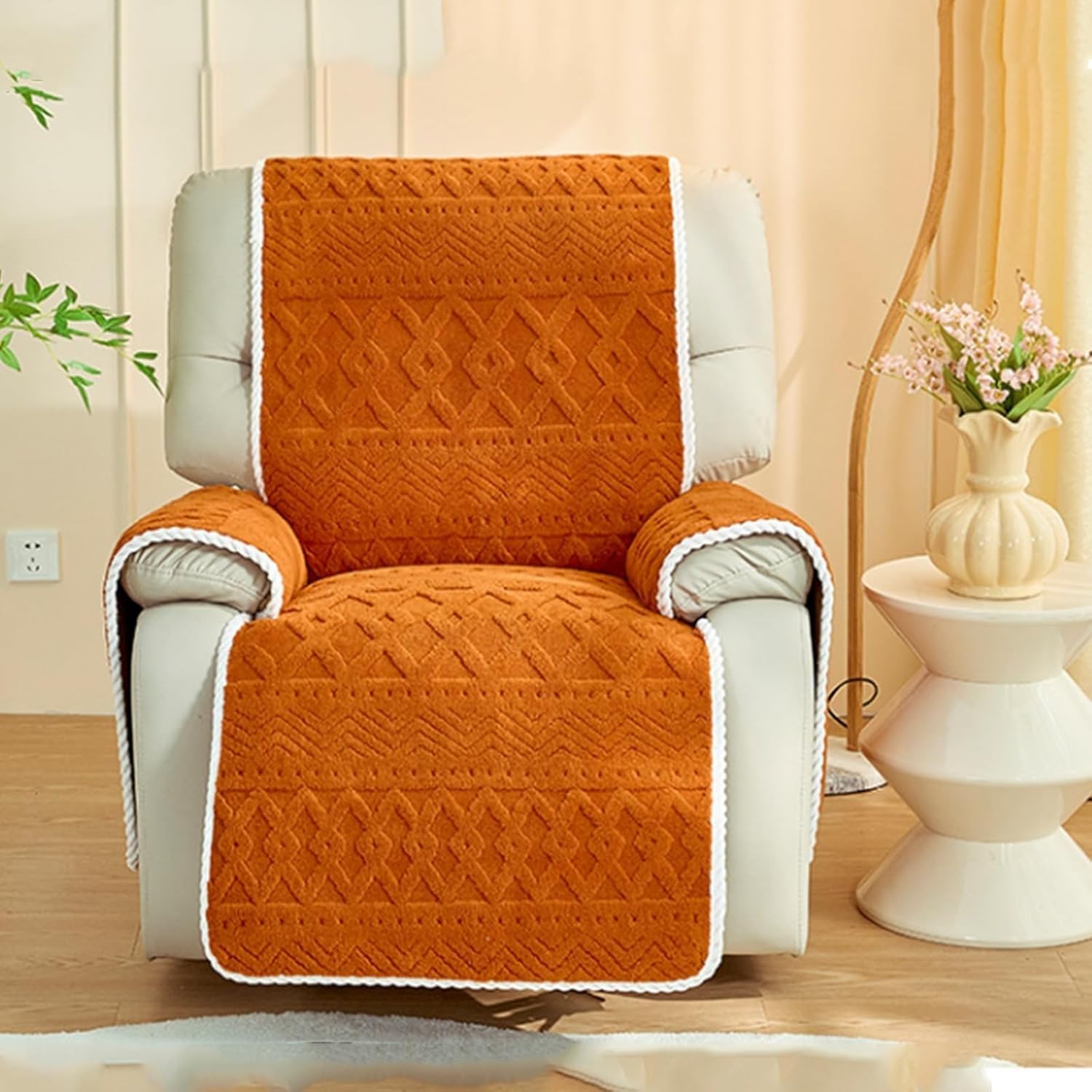 Recliner Chair Covers Waterproof Non-Slip 4-Piece Recliner Slipcover Set with Armrest Covers Soft Machine Washable Fleece Sofa Cover Protector for Pets Kids Living Room(Orange)