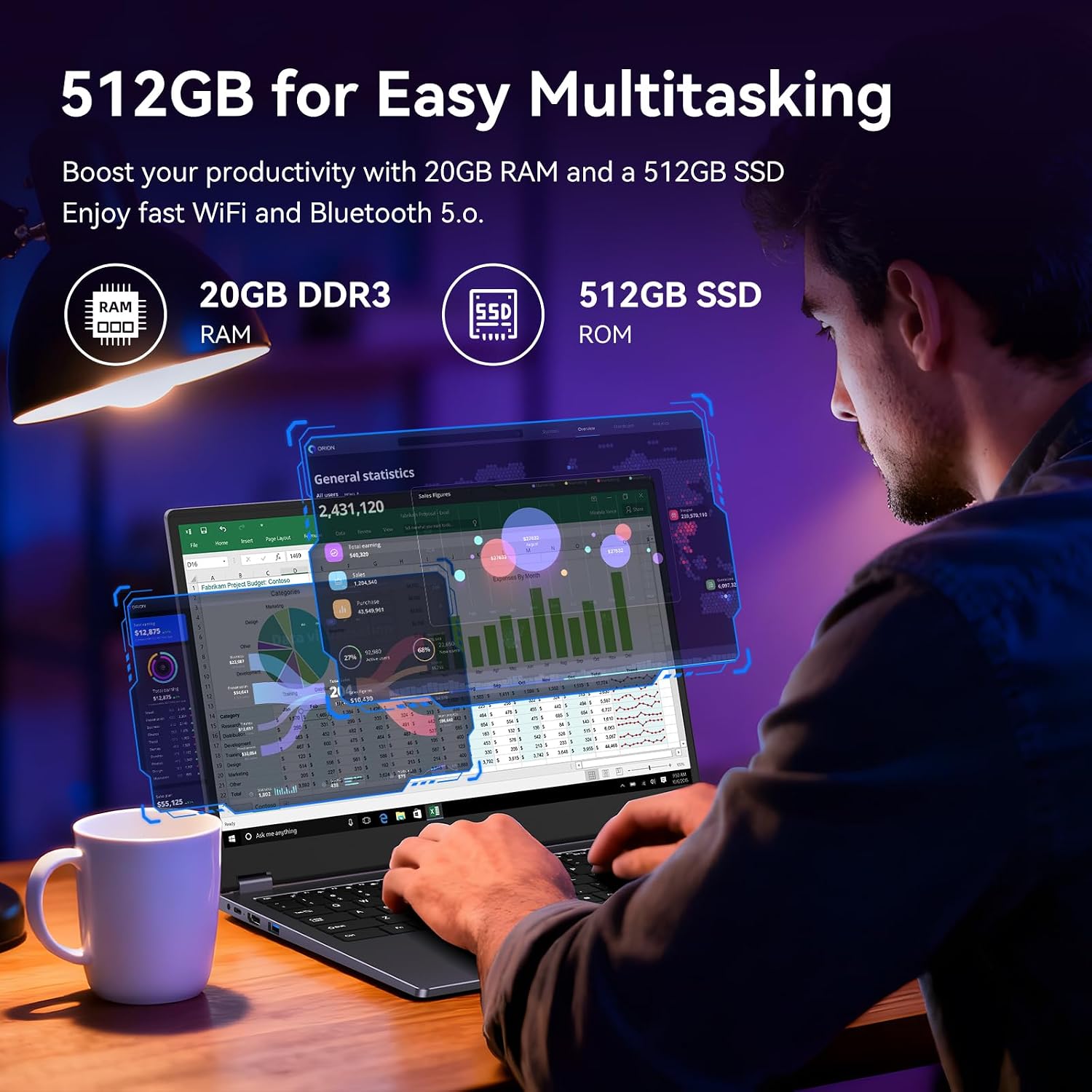 15.6" 2-in-1 Laptop/Tablet, 360° Flip FHD Touchscreen, Dual-Core m3-8100Y up to 3.4GHz, 20GB RAM 512GB SSD, Win11, Deep Purple for Student Note-Taking, Design, Entertainment image 5