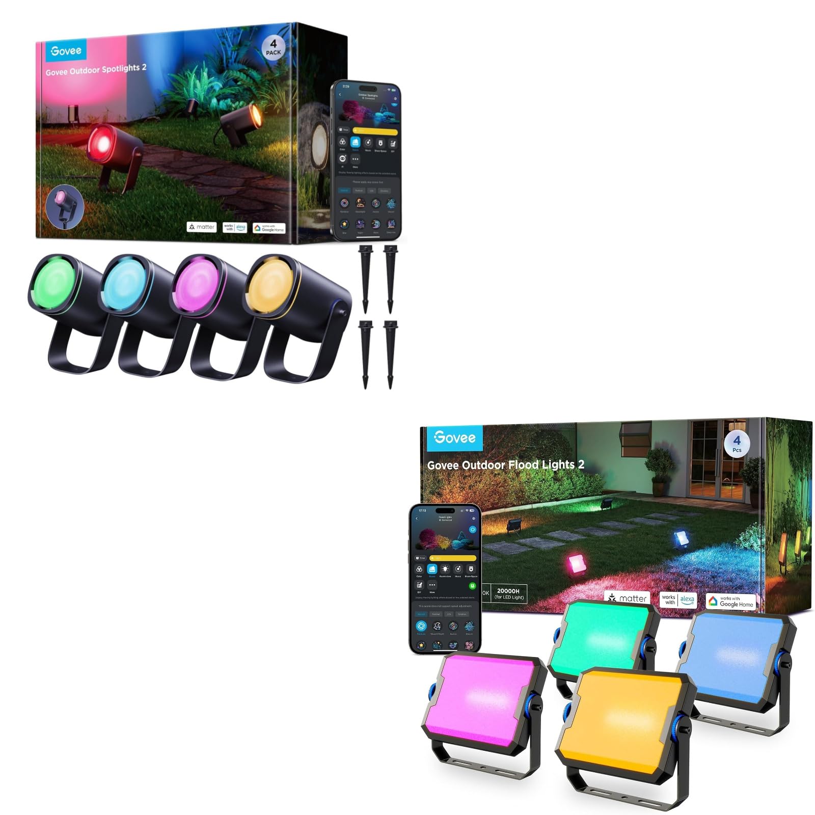Govee Outdoor Spot Lights 2 4pack Bundle with Govee Outdoor Flood Lights 2