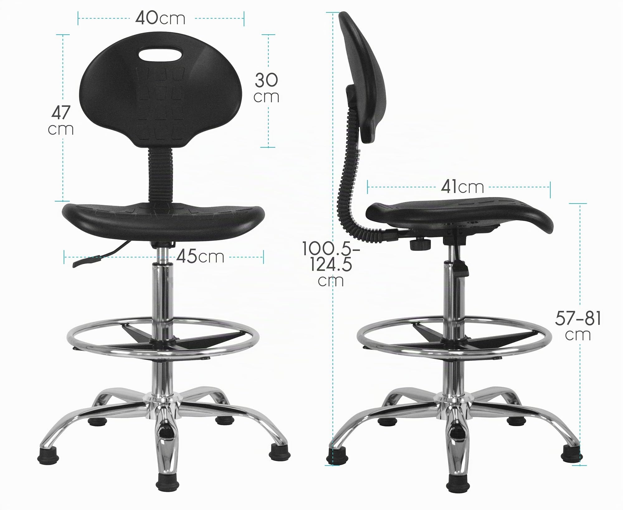 WAYTEX ATIK Asiento Alto de Trabajo Asiento y Respaldo ergonómico, Altura Regulable 57 – 81 cm con reposapiés de Metal Cromado, Giratorio 360 °