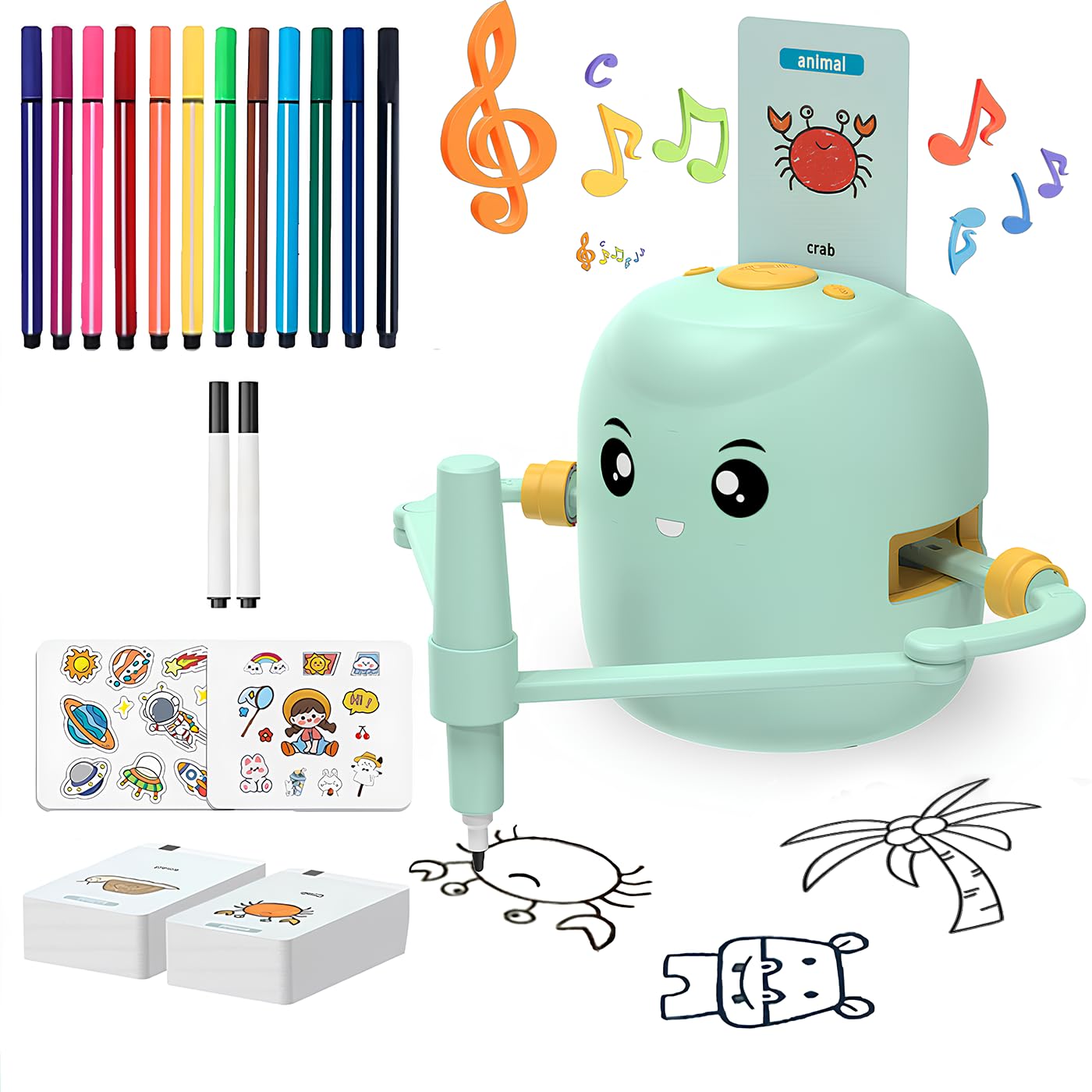 Drawing Robot for Kids Ages 3-8, Montessori-Inspired Voice-Guided Educational Toy with 100 Art Flashcards & 12 Color Pens, Creative Birthday Gift for
