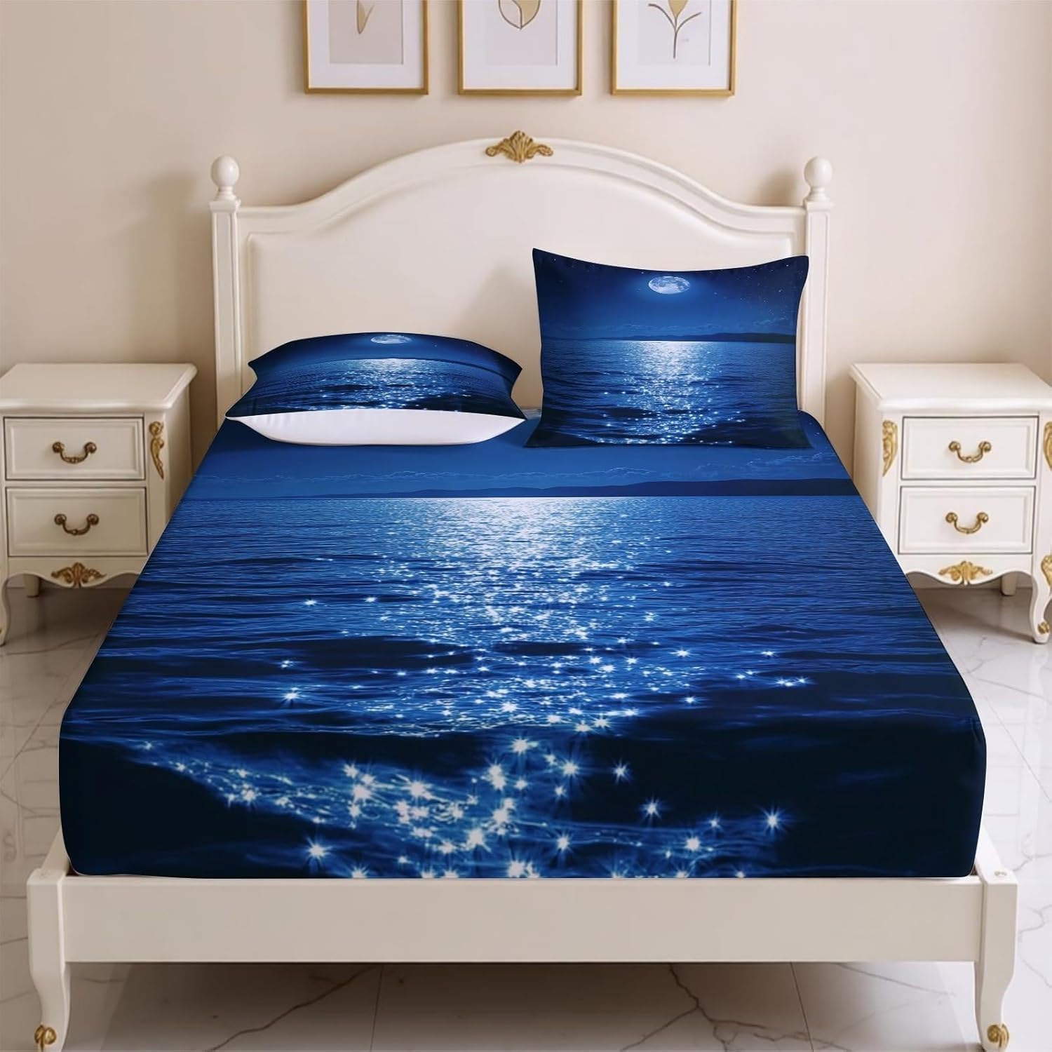 Moon Fitted Sheet Ocean Bed Sheets Deep Pocket 12 inch (30 cm) Soft Cozy 3 Piece Microfibre Bed Sheet 200x200 cm with 2 Pillowcases 50x75 cm