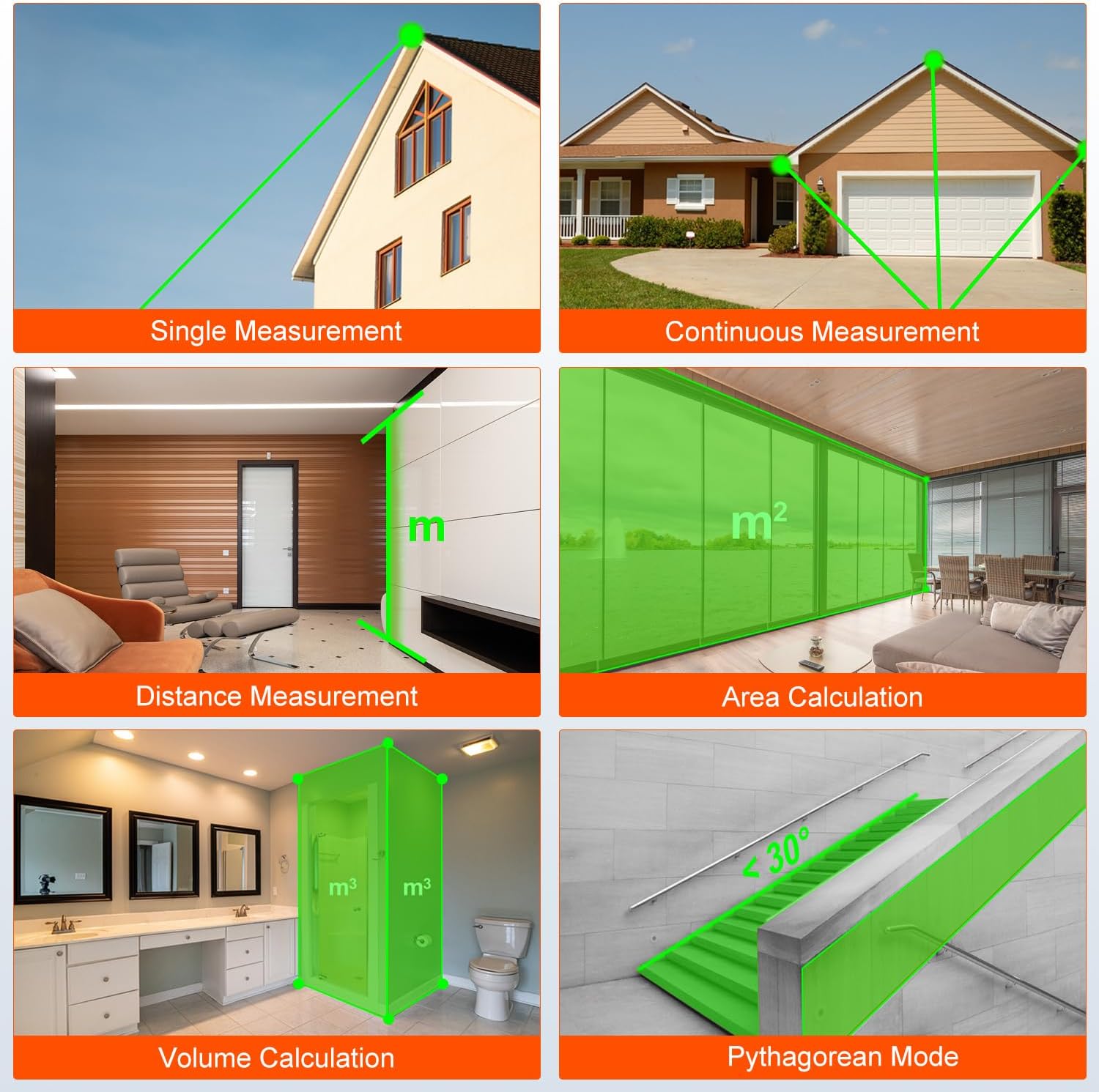 LASELION LG50 Measurement Modes: Single, Continuous, Distance, Area, Volume, Pythagorean