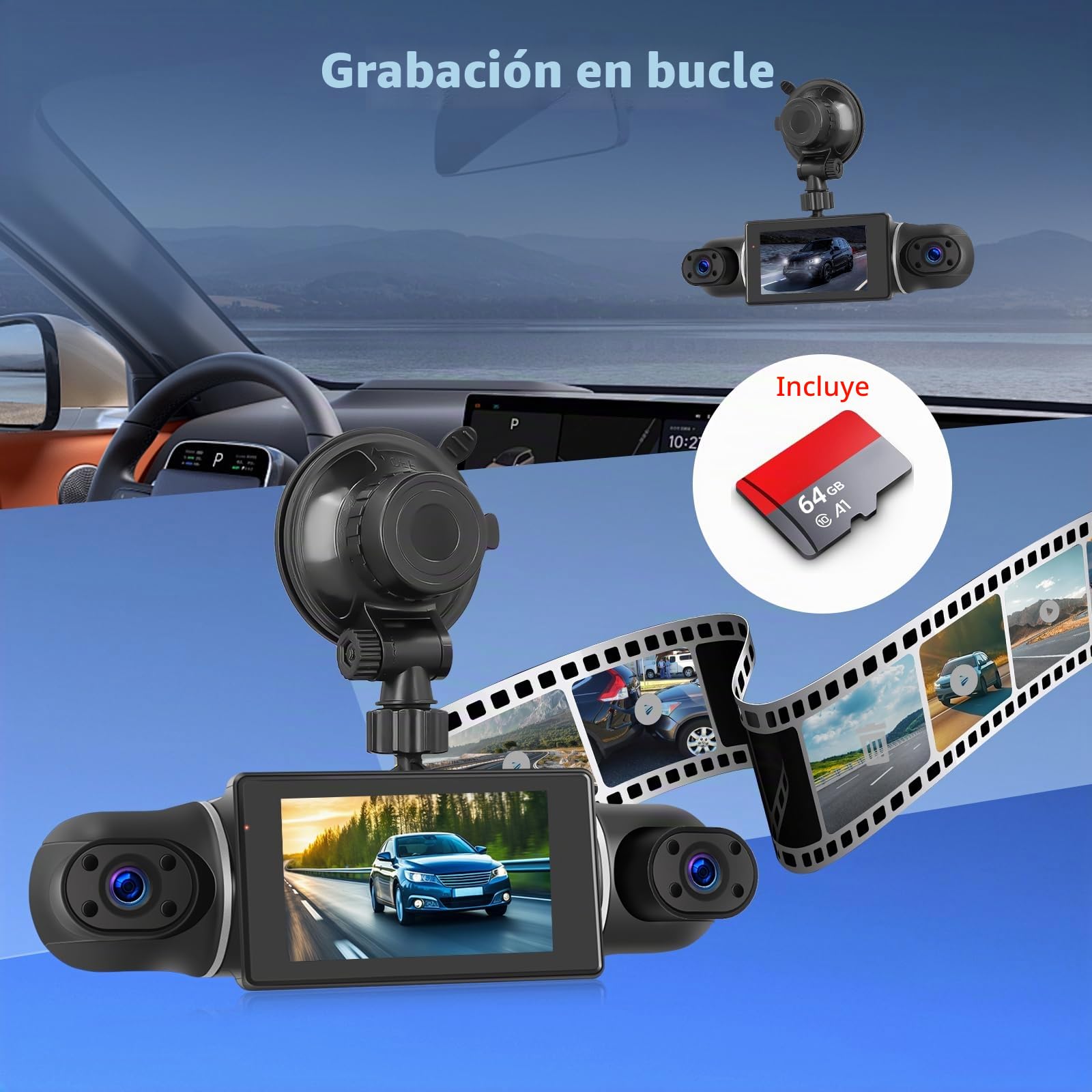 Camara de Salpicadero para Coche, Cámara para Salpicadero de 4 Canales Delante y Detrás, Dashcam Coche con Pantalla IPS de 3 Pulgadas con Visión Nocturna WiFi, Sensor G, Grabación en Bucle
