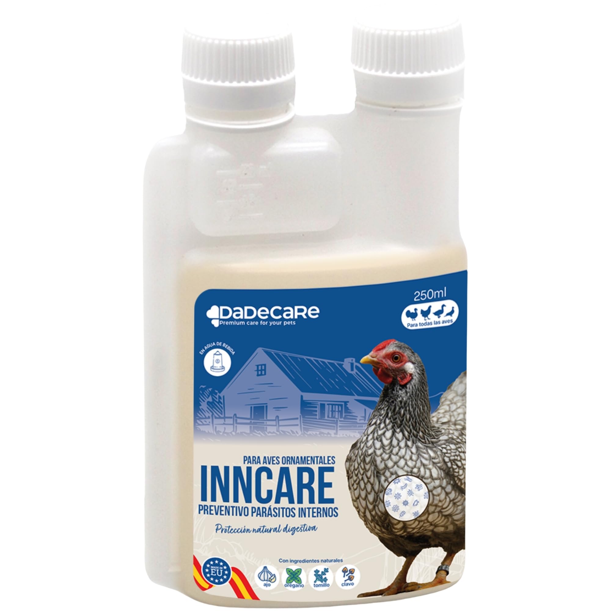 Preventivo Parasitos Internos Natural 250 ml - Gallinas, Aves de Corral y Exóticas - Previene y Trata Problemas digestivos - Fórmula Natural - Extracto de Ajo y Oregano - Inncare