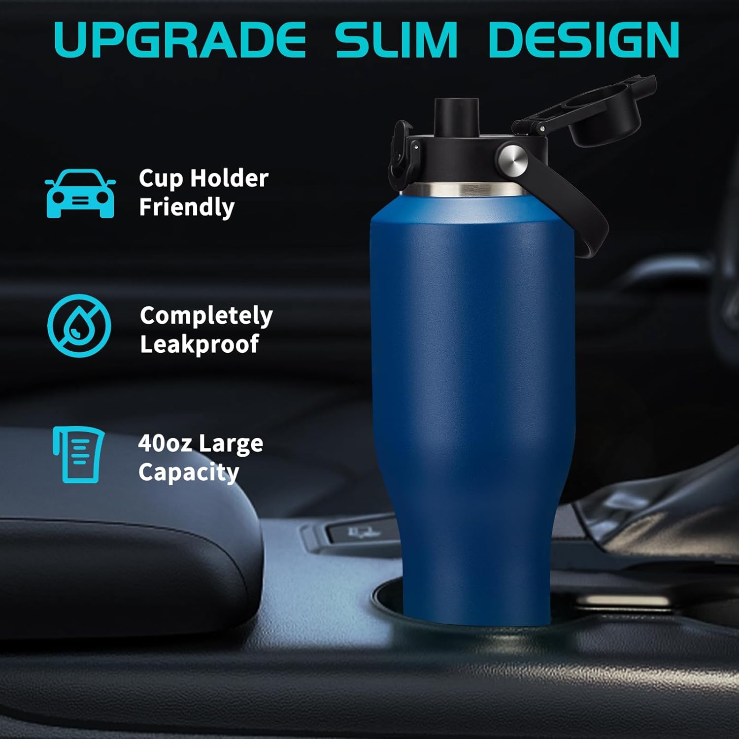 40oz Insulated Water Bottle that fits in Cup Holder - Water Cup with Spout Lid, Straw, Sleeve with Side Handle, Vacuum Stainless Steel Travel Tumbler Keep Cold 48h/Hot 24h - Image 2
