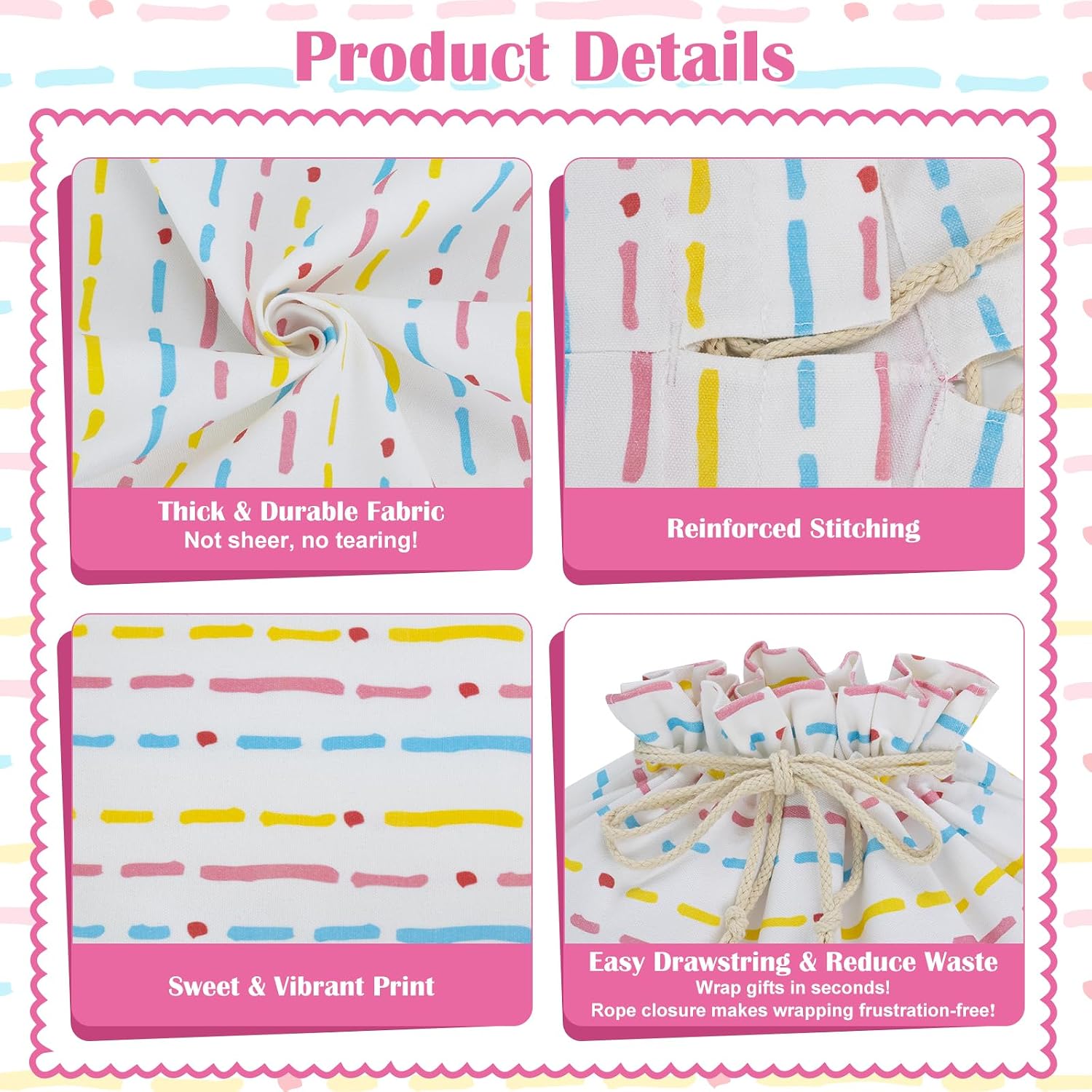 CALACH Drawstring Gift Bags, Extra Large 20" W x 4" Dx 22" H Reusable Fabric Gift Wrap Premium Canvas Storage Sack for Birthday, Wedding, Anniversary, Bridesmaids, Parties (Happy Stripes) image 3
