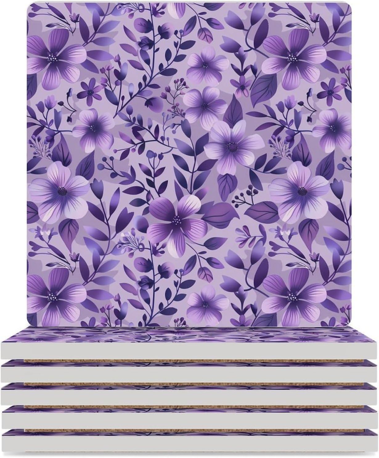 Lavender Purple Floral Print Coaster for Drinks Square Ceramic Table Coasters Stone Mat Crafts 4PCS Home Kitchen Decor