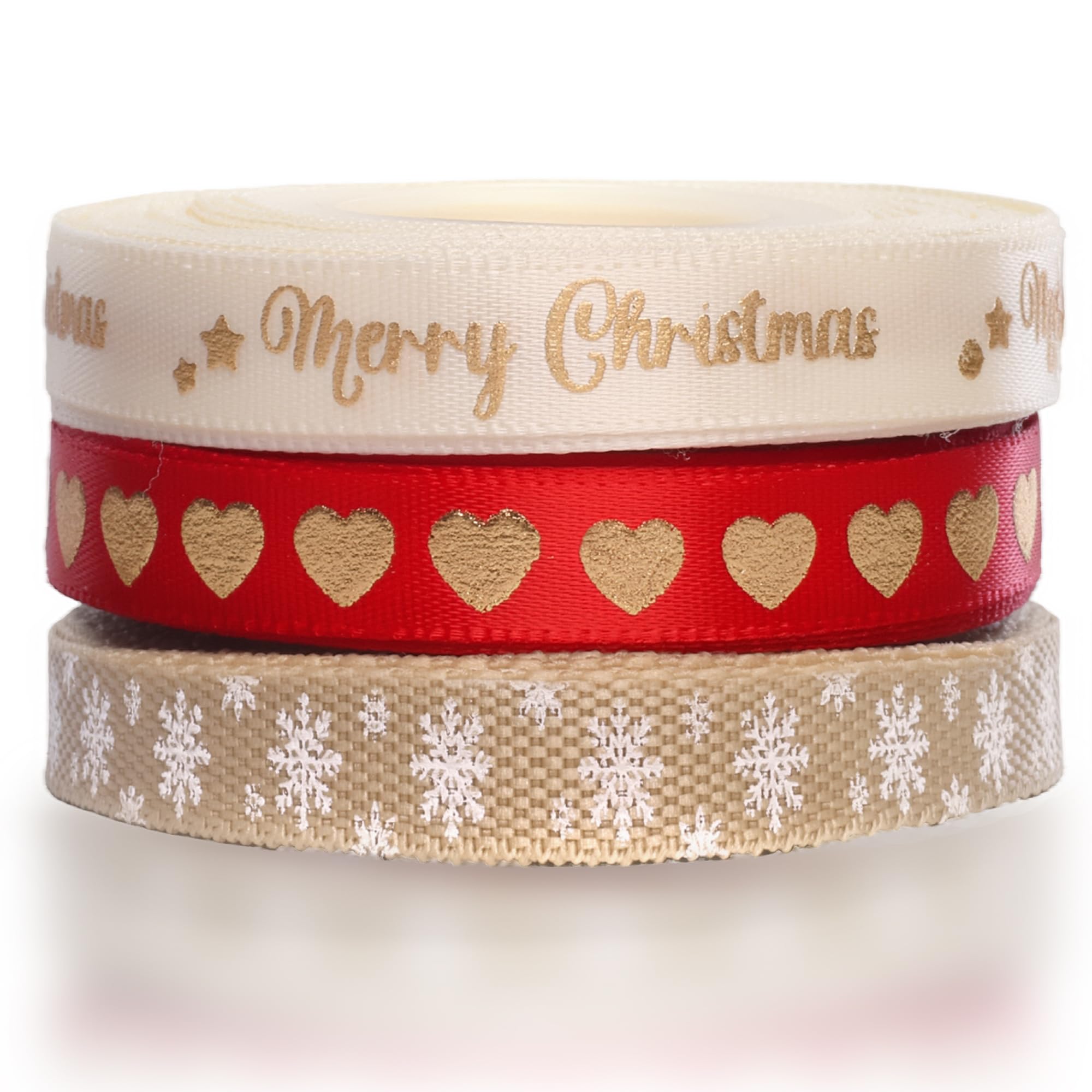Christmas Ribbon Set – 3 Pack (10m Each Roll, 30m Total) – Red, Cream & Jute Festive Gift Wrapping Ribbons for Christmas Presents, Crafts, Baubles & Tree Decorations
