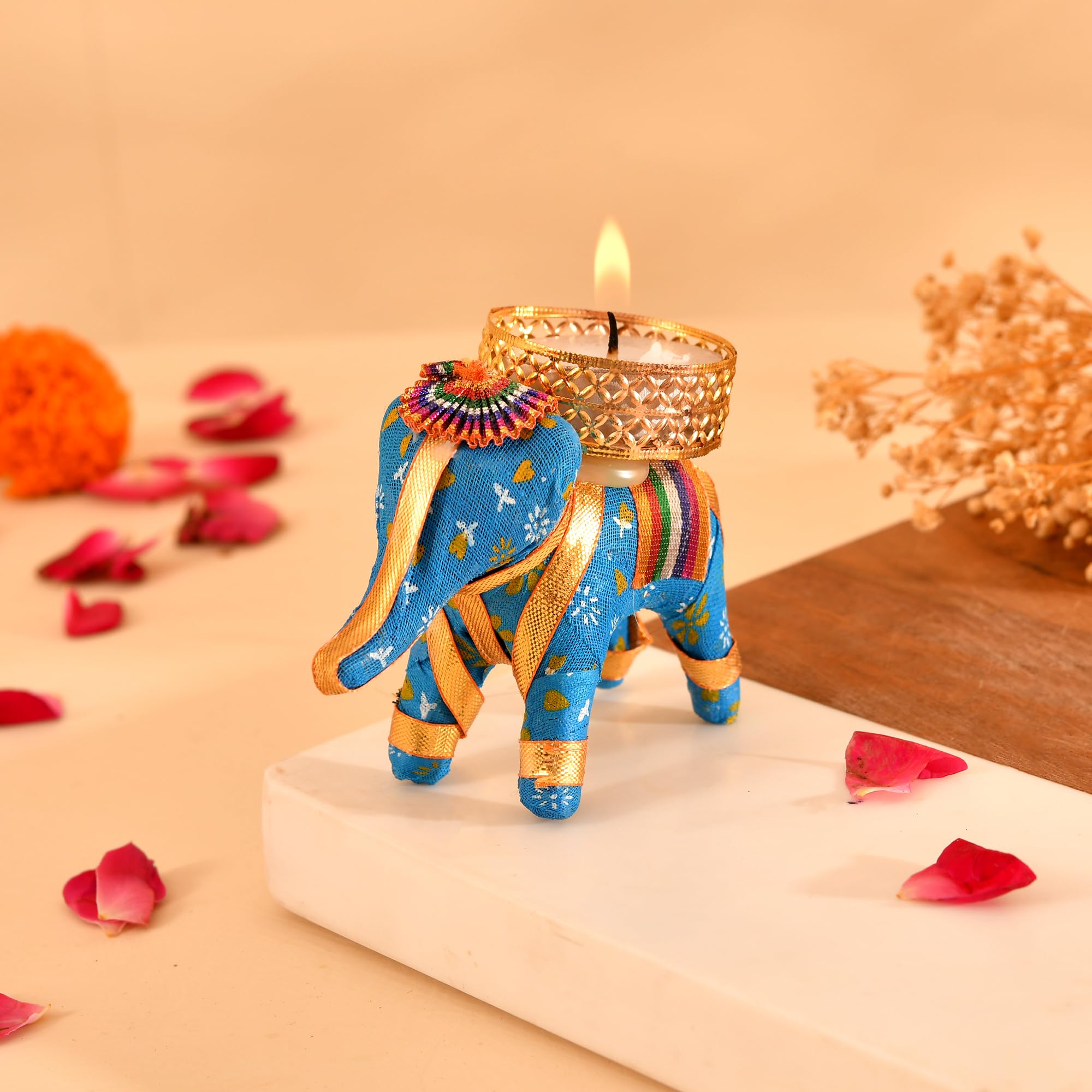 INDI ART Decorative Elephant Tea Light andmade Metallic Finish Handicraft Candle Stand for Event Diwali Decoration Diwali Gifts Navratri Dussehra with Tealights, (Elephant, 20, Count) 1
