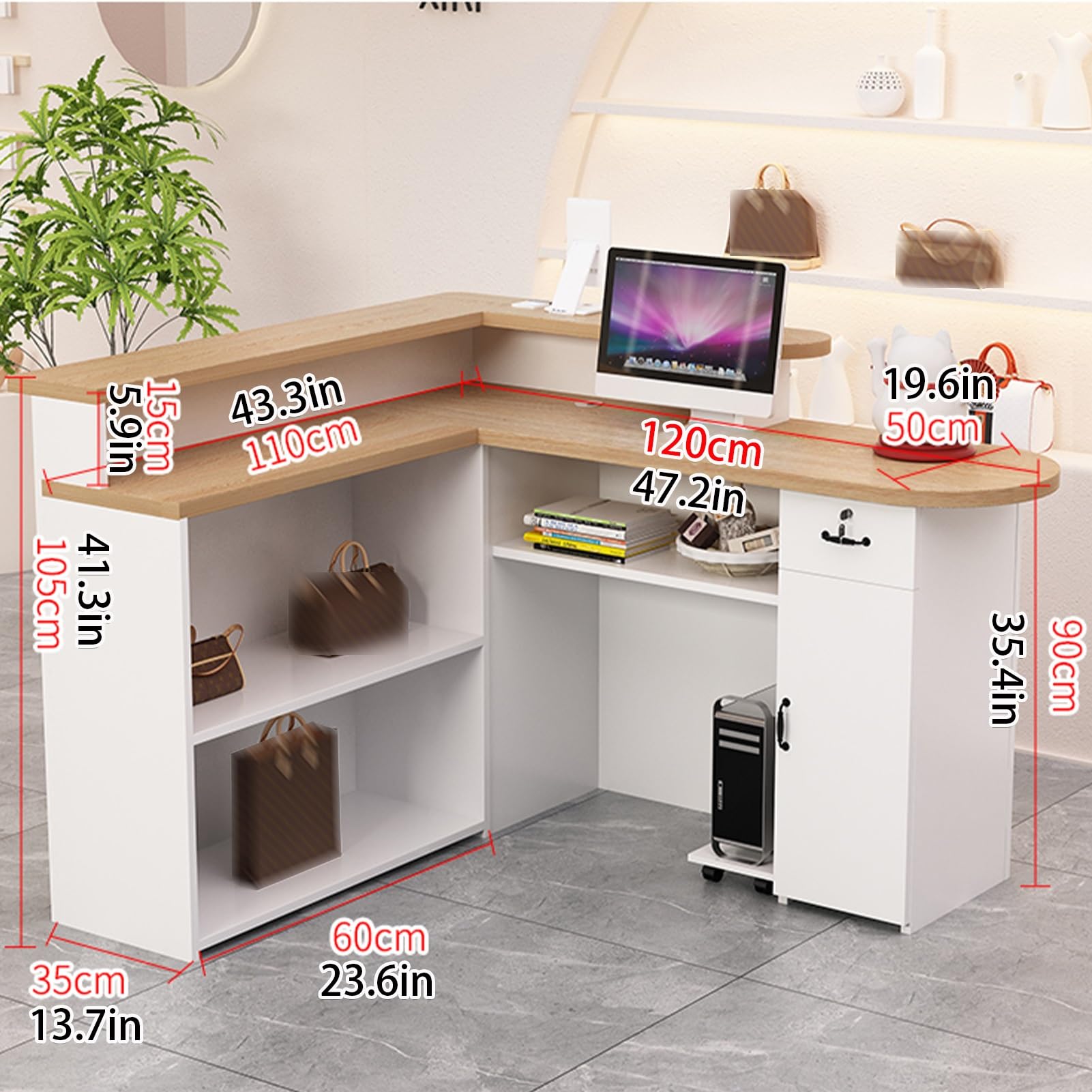 Genérico Mostrador de recepción Moderno en Forma de L con cajones con Cerradura, Elegante mostrador Frontal para salón de Belleza, Tienda, Oficina, Sala de Espera, Amari
