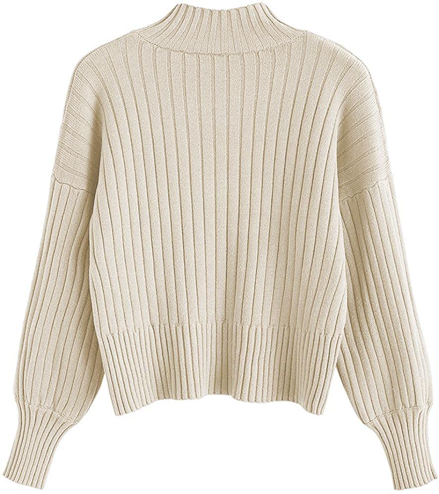 ZAFUL Women's Crew Neck Long Sleeve Pullover Crop Sweater Mock Neck Lantern Sleeve Ribbed Knit Cropped Sweater