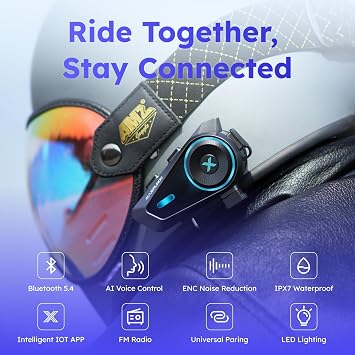 Helmet Bluetooth Headset With Smart Voice Control, 4 Riders Motorcycle Intercom, Bluetooth 5.4 with Audio Multitasking/Universal Pairing/Radio/IPX7 Waterproof for Snowmobile/ATV, Double Pack