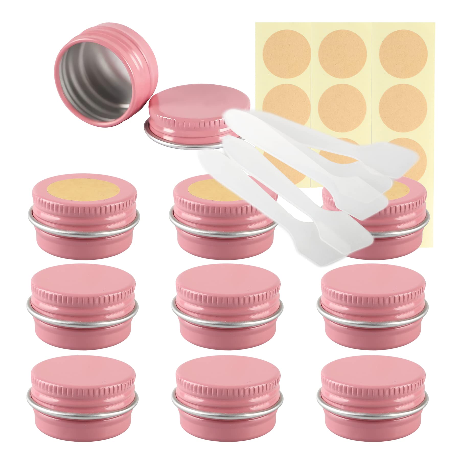 LusDoly Pack of 10 Empty 5ml Pink Aluminium Tins with Lids - Ø26x15mm Round Aluminum Screw Pots Cosmetic Cream Container Travel Jars for Candle Lip Balm, Salve with Spatulas & Labels