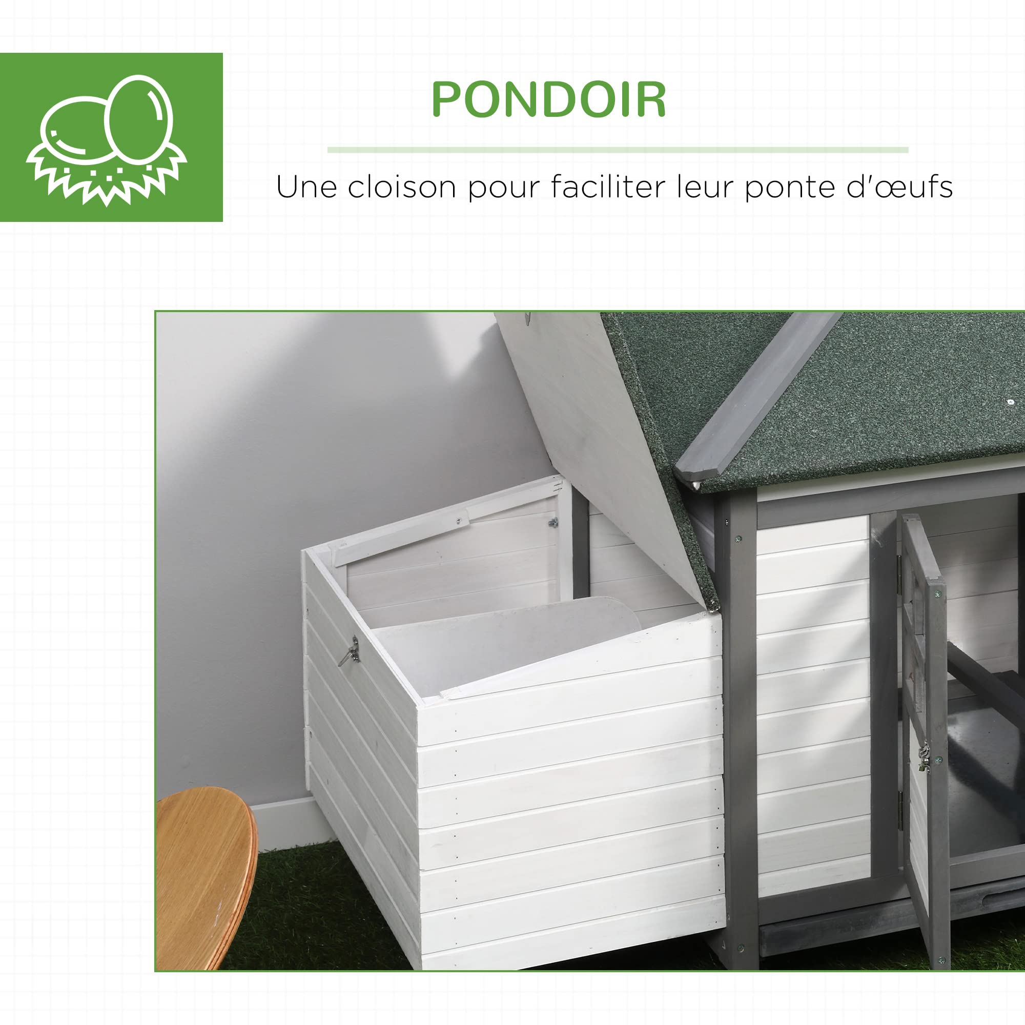PawHut Poulailler Cottage Multi-équipement perchoir Rampe pondoir enclos tiroir à déjection 196L x 76l x 97H cm Bois Massif pin Gris Blanc